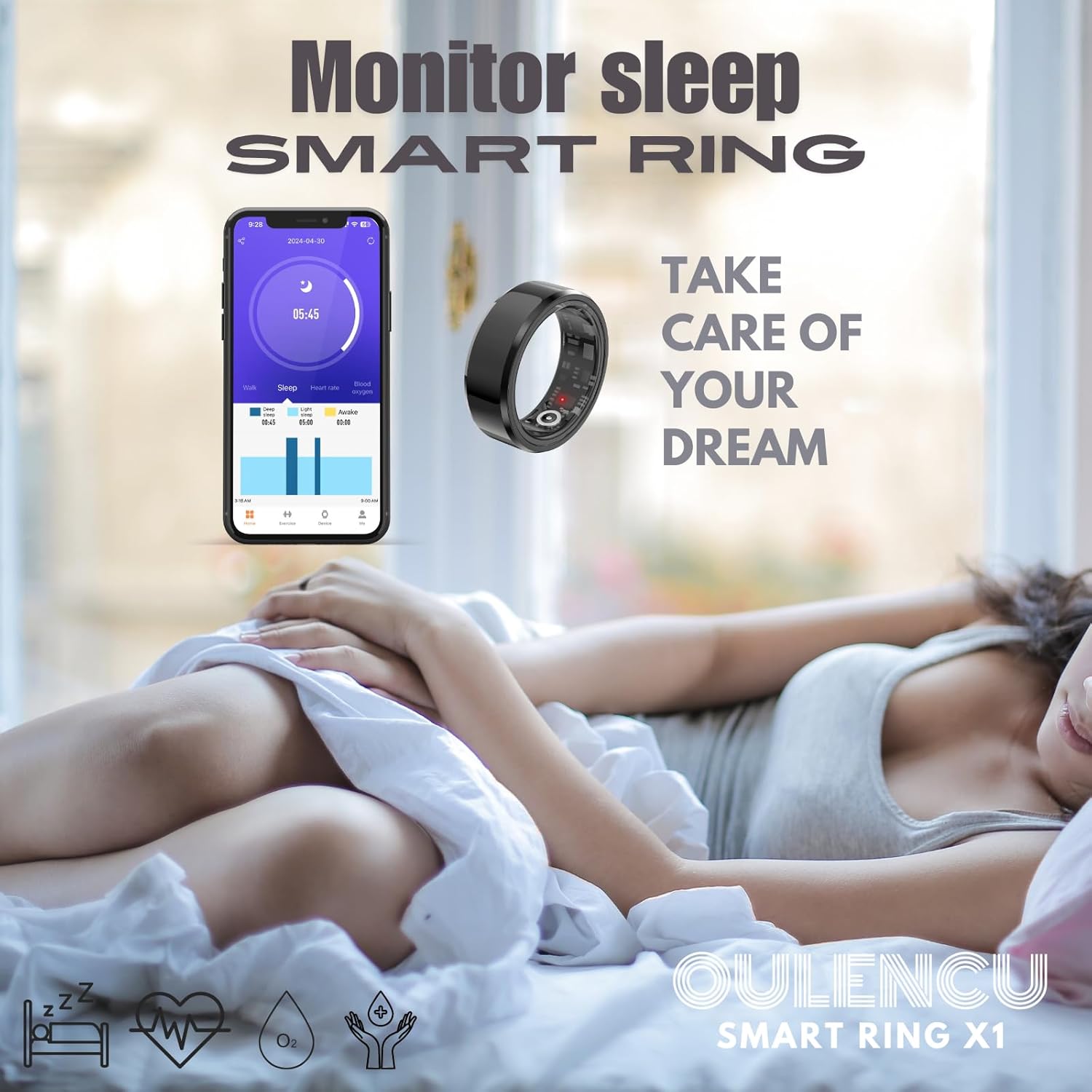 Smart Ring Health Tracking Sleep Tracker for Men and Women, Fitness Tracker, Heart Rate, Blood Oxygen Monitor, Calorie Tracker, Shake and Take Photos, Waterproof (Midnight Black, #12-67.2mm/2.65in)