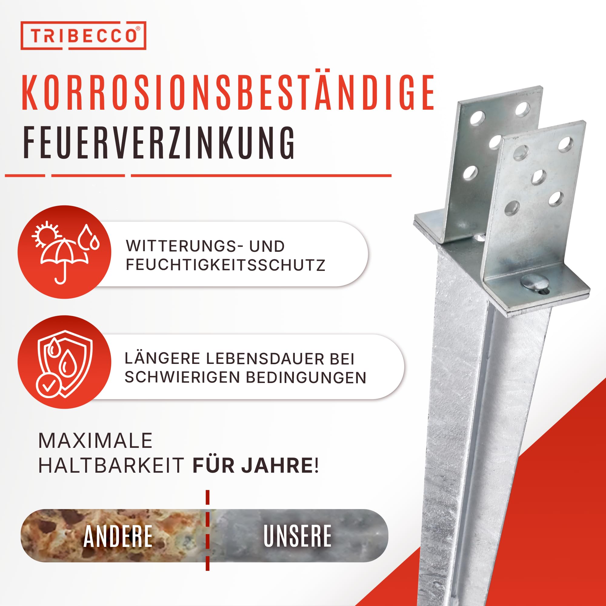 TRIBECCO Einschlag-Bodenhülse U-Form für Vierkant-Holzpfosten Stützenschuh verstellbar bis 140 mm Länge 700 mm U-Pfostenträger zum Einschlagen in den Boden feuerverzinkter Stahl