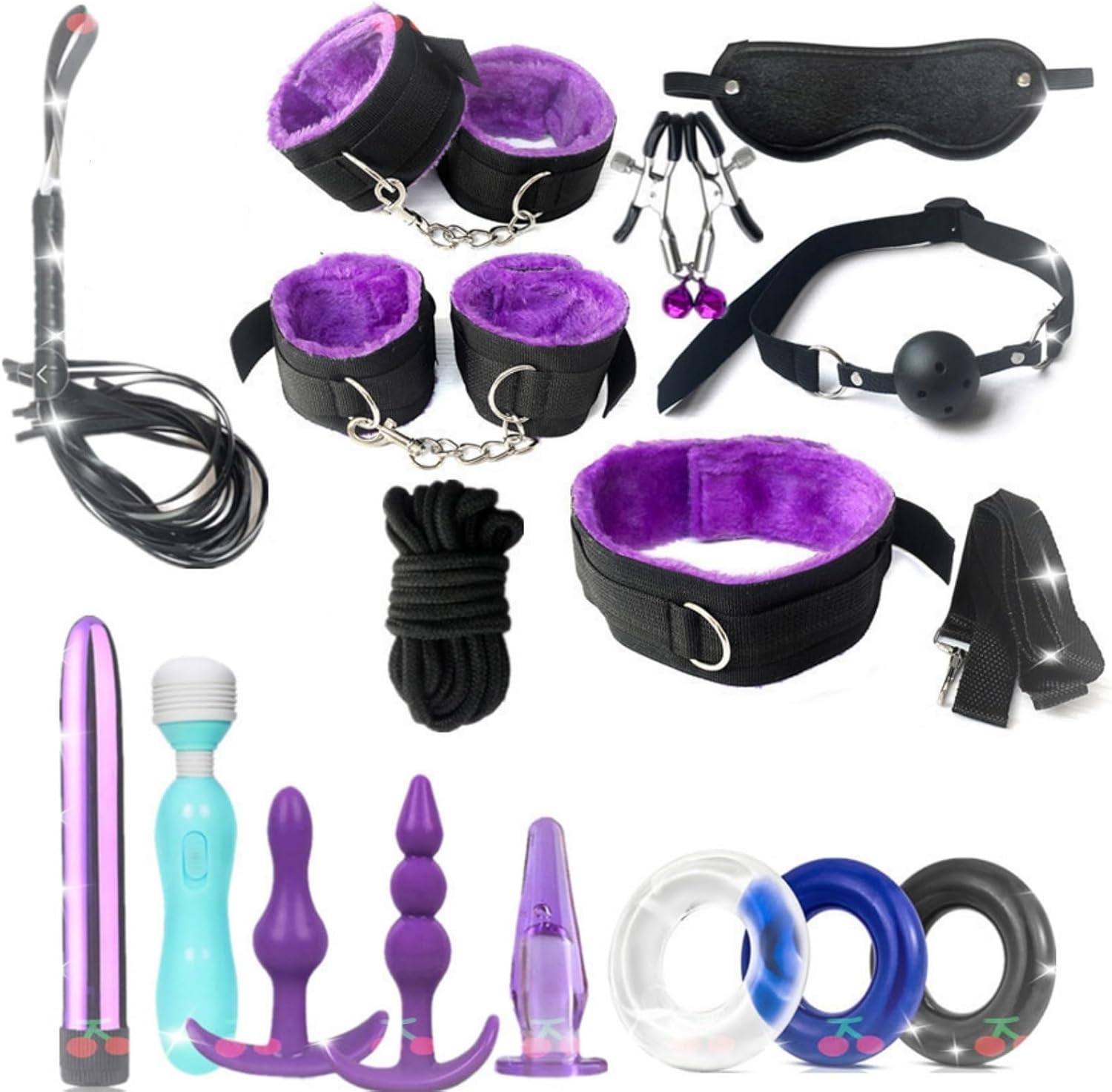 Premium Plush Webbing 16 Piece Set, Couples Bedroom Erotic Combo Set 16 Piece Set (Purple)