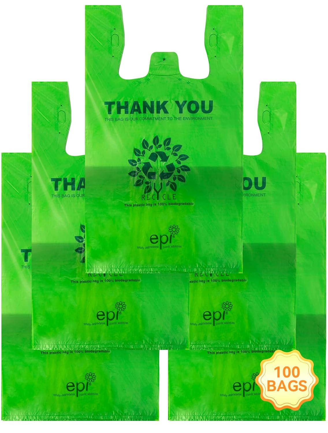 [100 per box] | Recyclable Compostable Reusable Biodegradable Plastic T-Shirt Bags | Grocery Shopping Bags | Green Eco Plastic Bags (100 per Pack) | T-Shirt Carryout Bags 100 count Restaurant Quality, Durable, Reusable and Econ Friendly | Measures 11. 5″ X 6. 25″ X 21″( large size 1/6) , 16 Mic (0. 63 Mil)