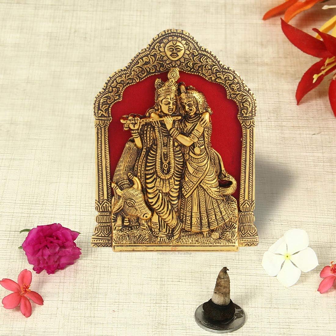 Handicrafts Paradise Radha Krishna with Cow on Thin Metal Frame Wall Hanging and for Table Antique Golden Finish