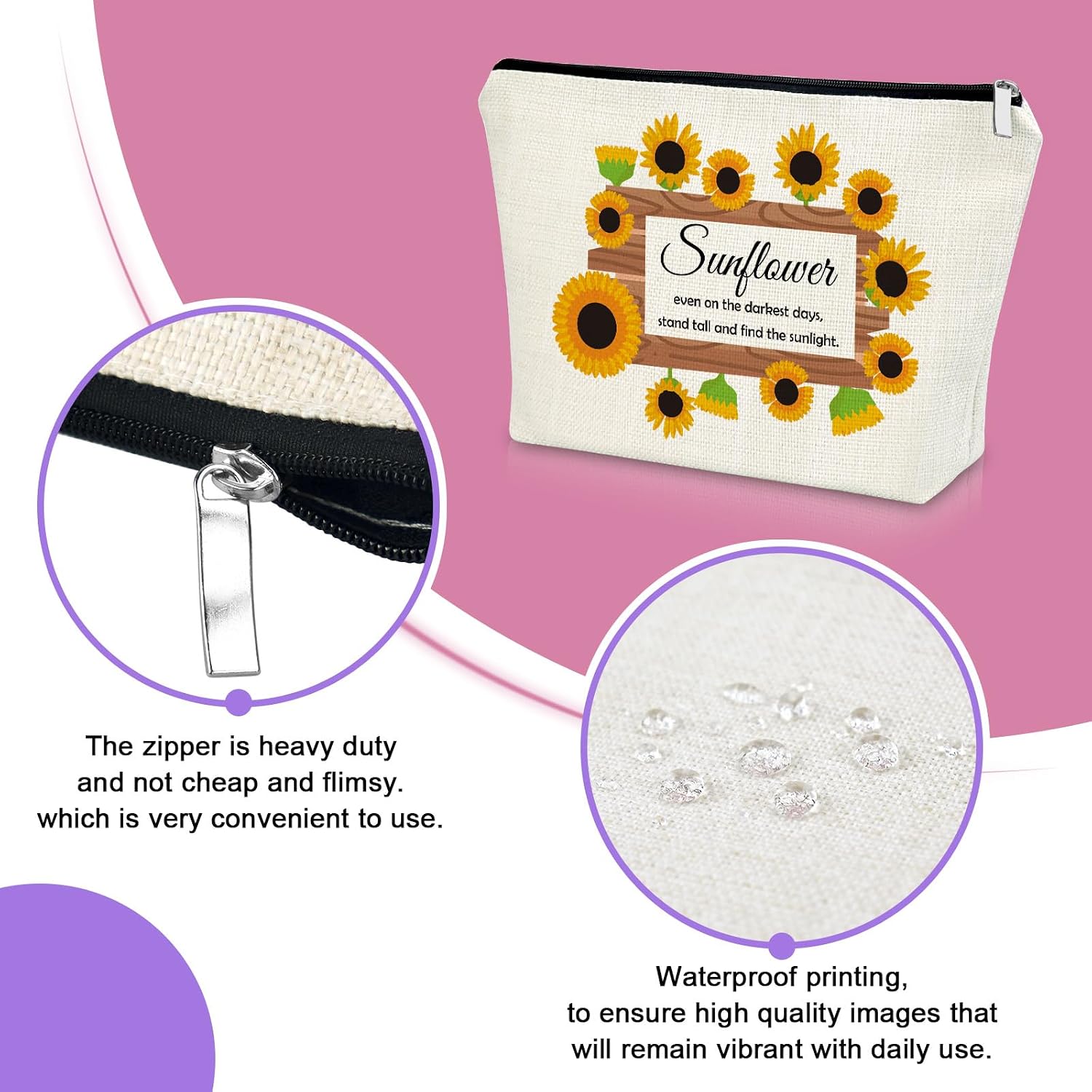 Sazuwu Sunflower Inspirational Gifts for Women Makeup Bag Motivational Gifts for Friends Thank You Friendship Cosmetic Bag Positive Quotes for Office Christmas Birthday Present Travel Pouch image 3