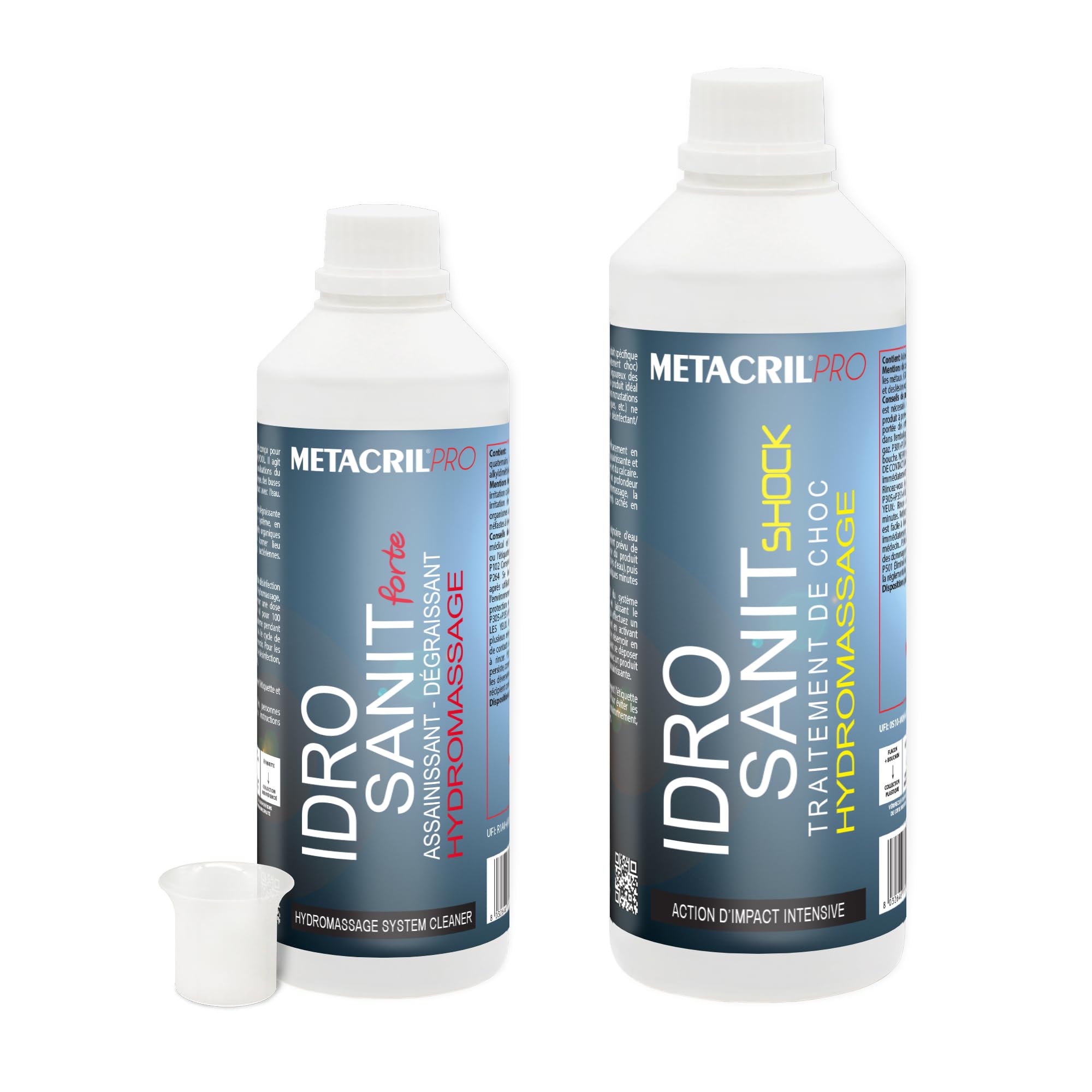 Metacril Pro kit de 2 piezas, Idro Sanit Forte 500ml + Idro Sanit Shock 1Lt + dosificador graduado, para la limpieza del sistema de hidromasaje | Juego de 2 productos específicos para el mantenimiento y limpieza profunda de instalaciones de spa y bañeras