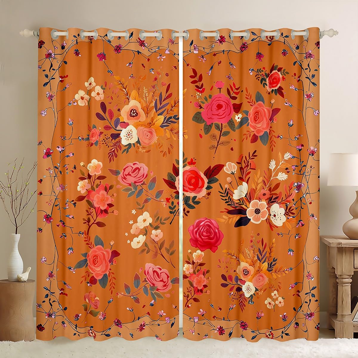 Homemissing Rose Curtain (2 Panels, W52*L63) for Kids Boys Girls Floral Flower Blackout Shades Spring Garden Orange Window Drapes Microfiber