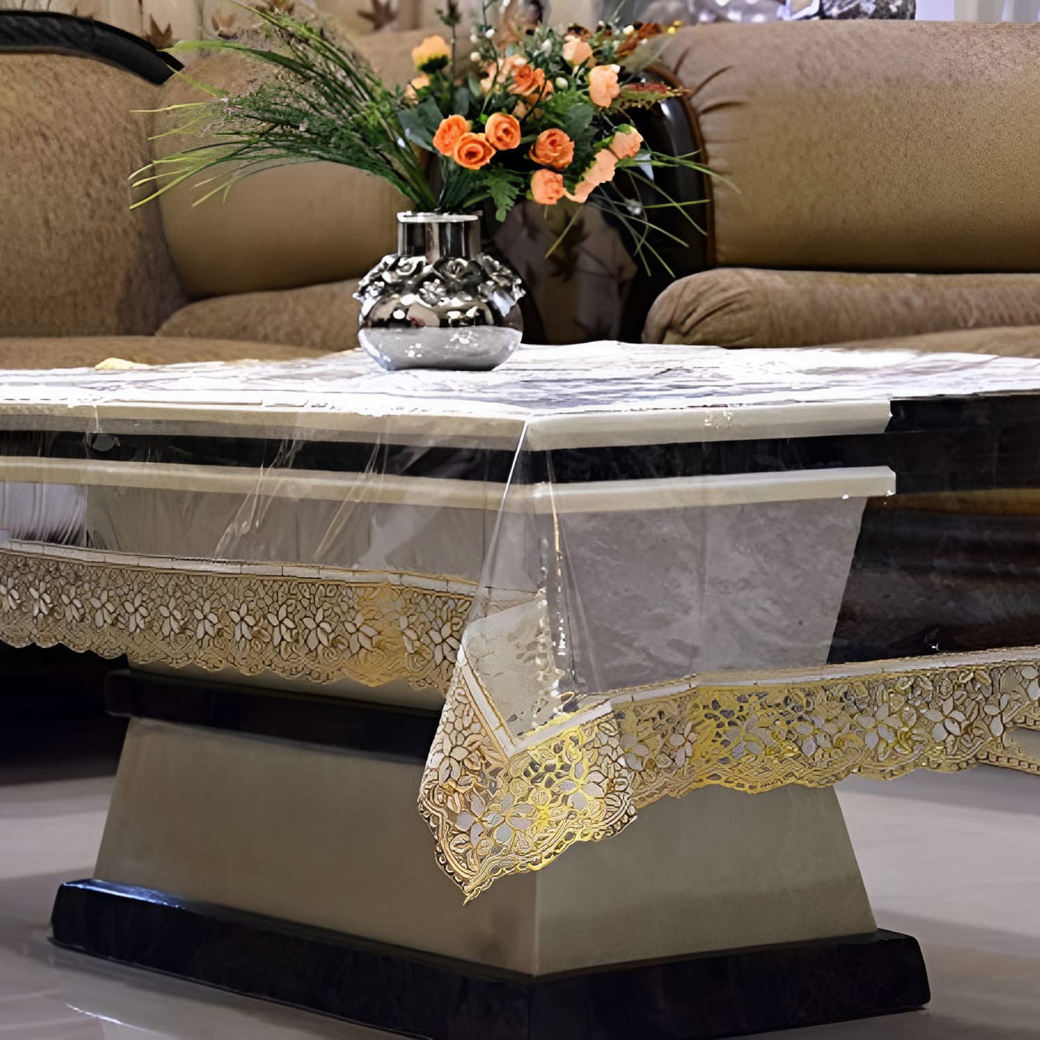 Kuber Industries PVC Center Table Cover|Exclusive Table Cloth|Table Sheet for Dining, Party, Events|Waterproof Protector|Indoor and Outdoor Use 60x40 (Gold Lace)