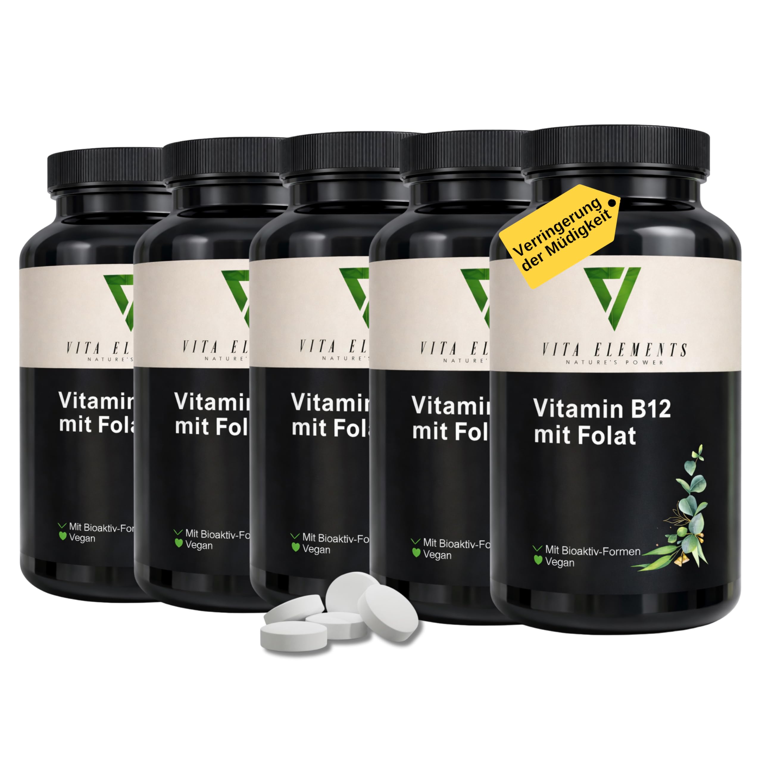 Vita Elements Vitamin B12 mit Folsäure - 180 Tabletten - Hochdosiert - Methylcobalamin - 6 Monate Vorrat - Vegan - Ohne Zusätze – Laborgeprüft