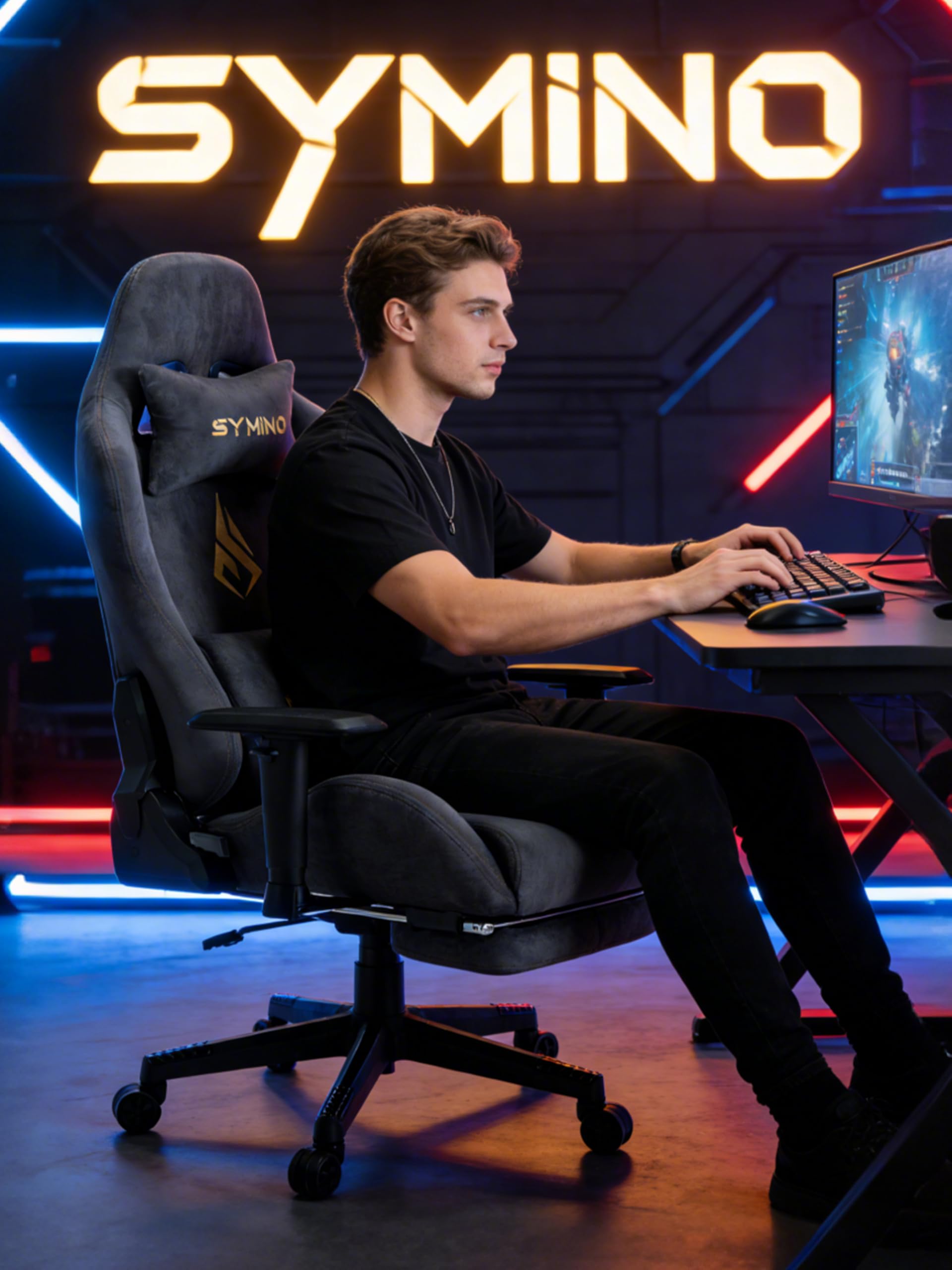 Symino Gaming Stuhl, Atmungsaktiver Bürostuhl aus Hochwertigem Stoff, So Weich Wie Pelz, Ergonomischer PC-Stuhl, Verstellbarer und Drehbarer Schreibtischstuhl mit Fußstütze, Grau | So Weich Wie Pelz, Ergonomischer PC-Stuhl, Verstellbarer und Drehbarer Sch