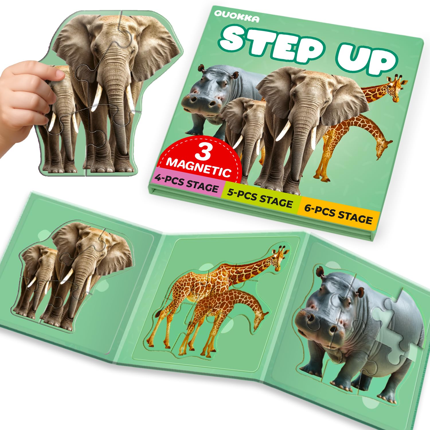 QUOKKA Step Up Magnetic Puzzles for 2 3 Year Olds - Safari Animals Puzzle Set in One Book - Travel Games for Kids Age 4 5 - Travel Toys for Toddlers on Plane Car Ride - Games For 3 year olds
