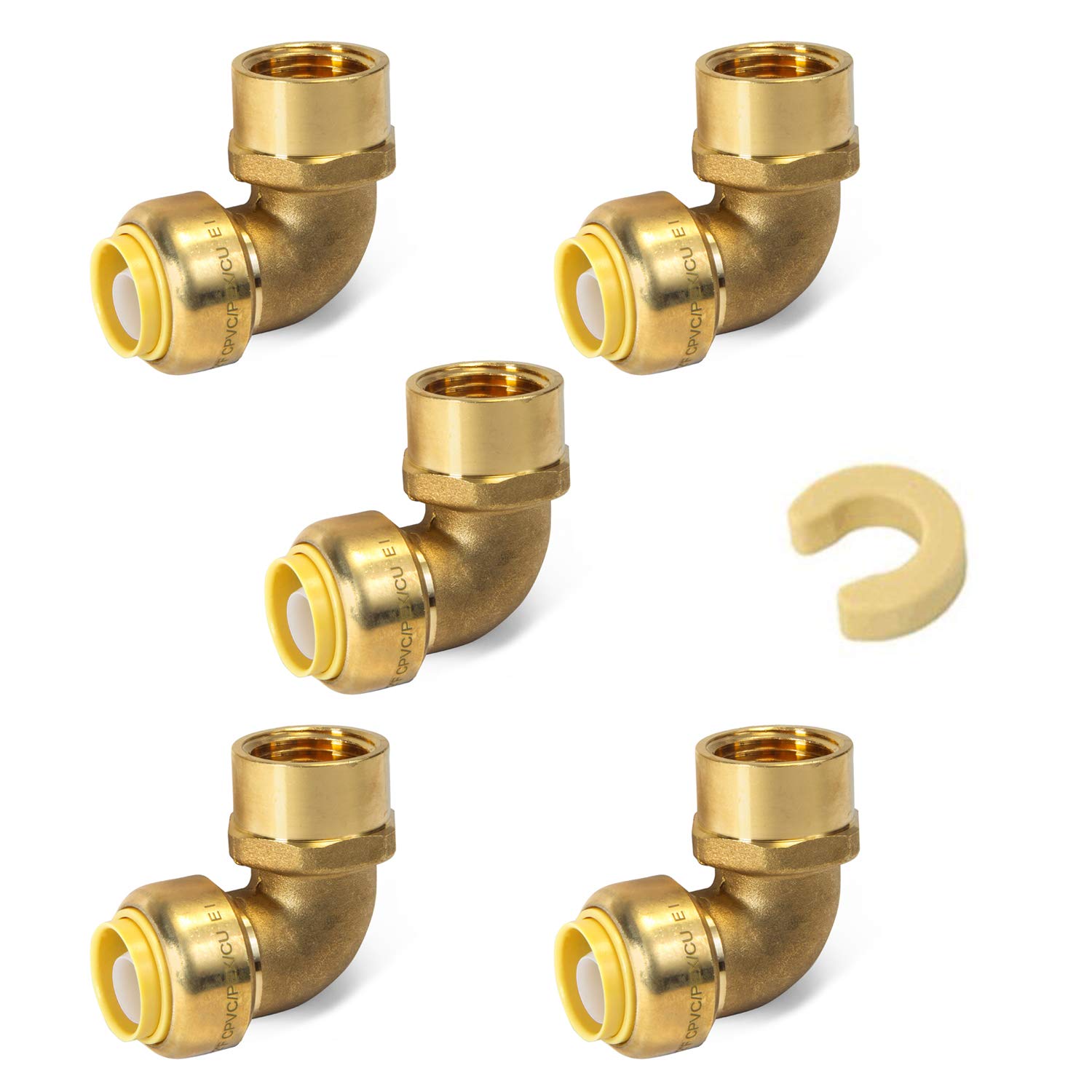 EFIELD Hoger PUSH FIT 1/2" Codo x accesorios de tubería hembra (FIP) Empuje para conectar Pex, CPVC, 1/2" con un clip de desconexión, latón sin plomo 5 piezas