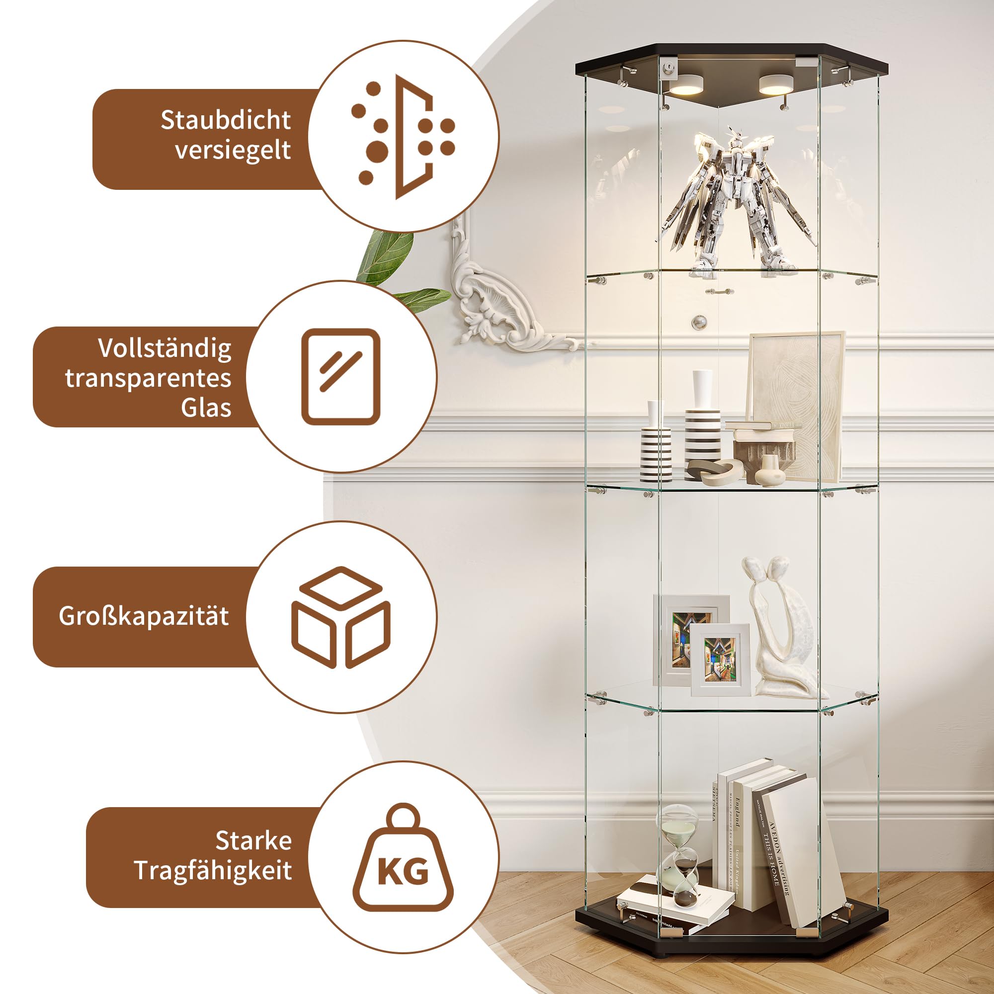 Vetrina angolare in vetro con LED, vetrina con 1 ante in vetro chiudibile a chiave e 4 ripiani, vetrina da collezione in vetro trasparente per soggiorno, ufficio, oggetti da collezione (nero)