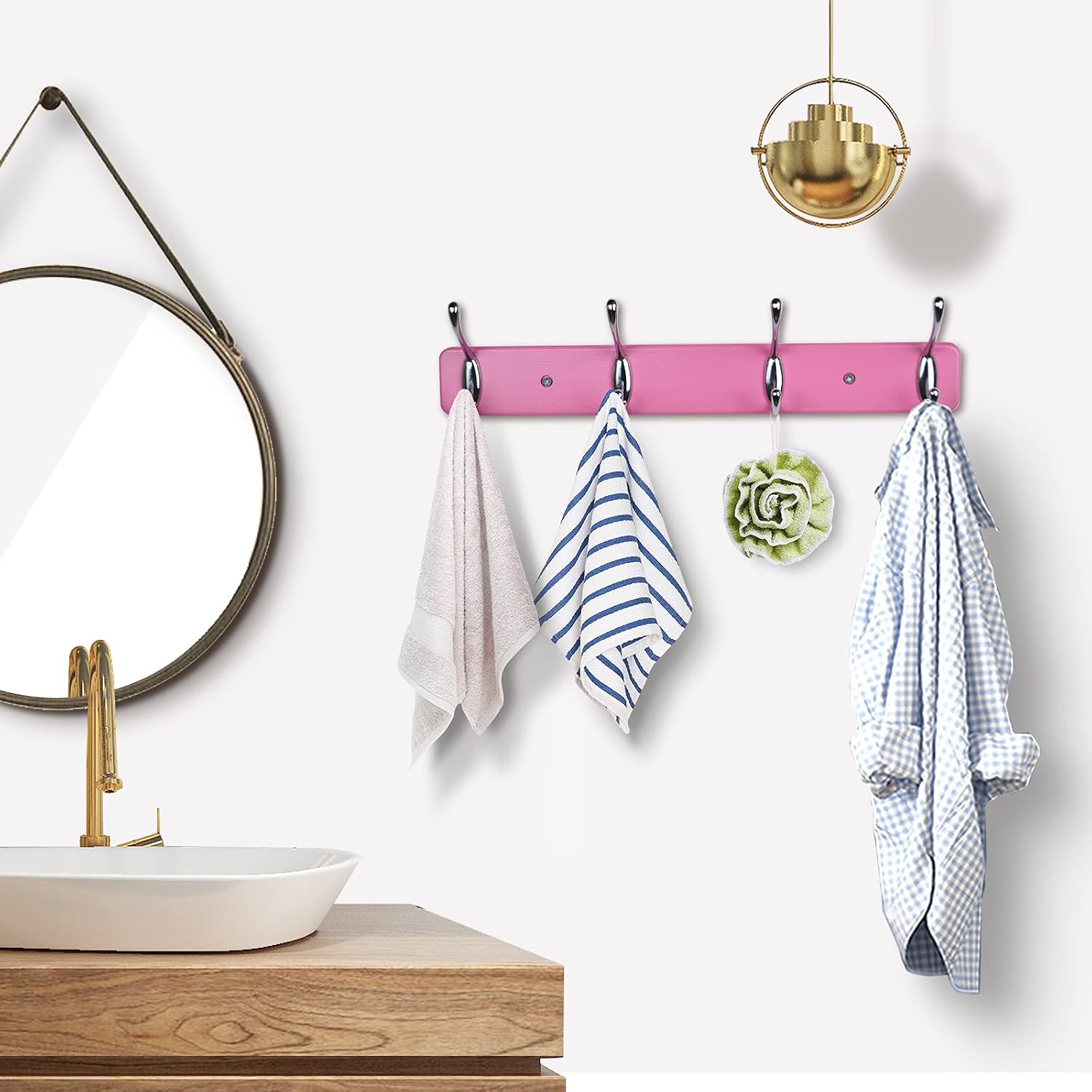 Ethuh Wall Mounted Coat Rack Rustic Wall Hook Solid Wood Hat Hanger Entryway Hanging Coat Rack4 Silver Metal for Entryway, only 1screws to Hold The Hooks Rack (Pink Pink Silver)