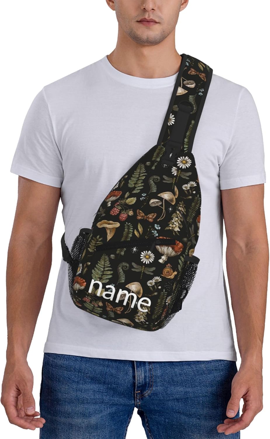 SUPLUCHOM Custom Sling Bag With Name Vintage Mushroom Leaf Personalized Hiking Daypack Customized Crossbody Shoulder Backpack Travel Chest Pack for Men Women