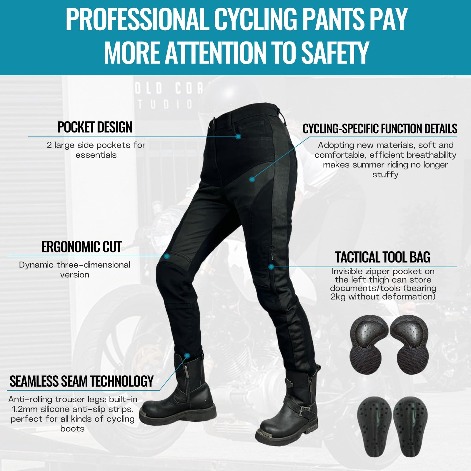 Pantalones De Moto para Mujer,Kevlar Vaqueros De Motociclista Elástico Carreras Senderismo Pantalones con Bolsillos Y 4 Almohadillas Protectoras Desmontables