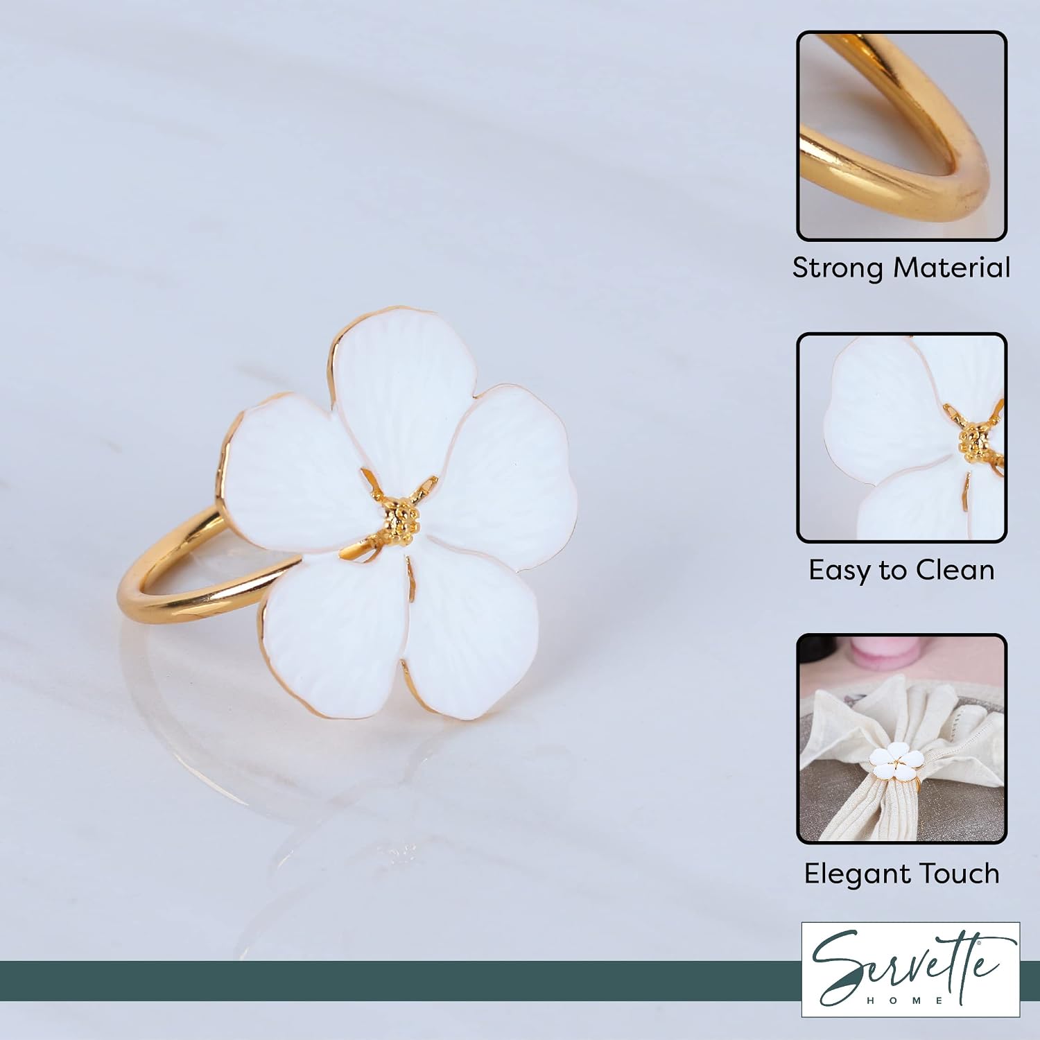 Spring Flower White Pansy Gold Napkin Ring Set of 6