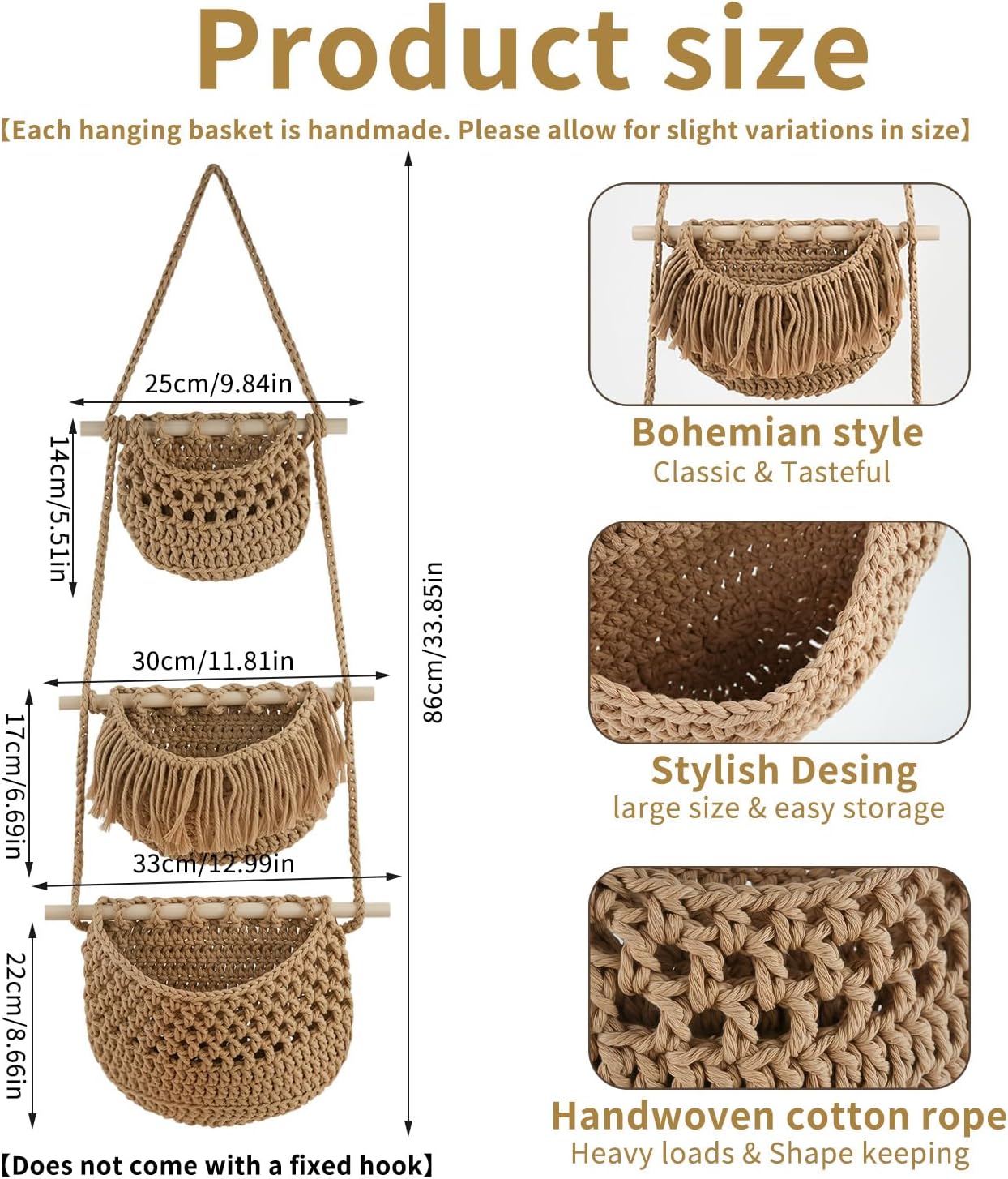 3 Tier Hanging Fruit Basket for Kitchen, Macrame Produce Hammock for Potato and Onion Storage, Handwoven Cotton Rope Wall Hanging Vegetable Baskets, Boho Kitchen Decor & Space Saver