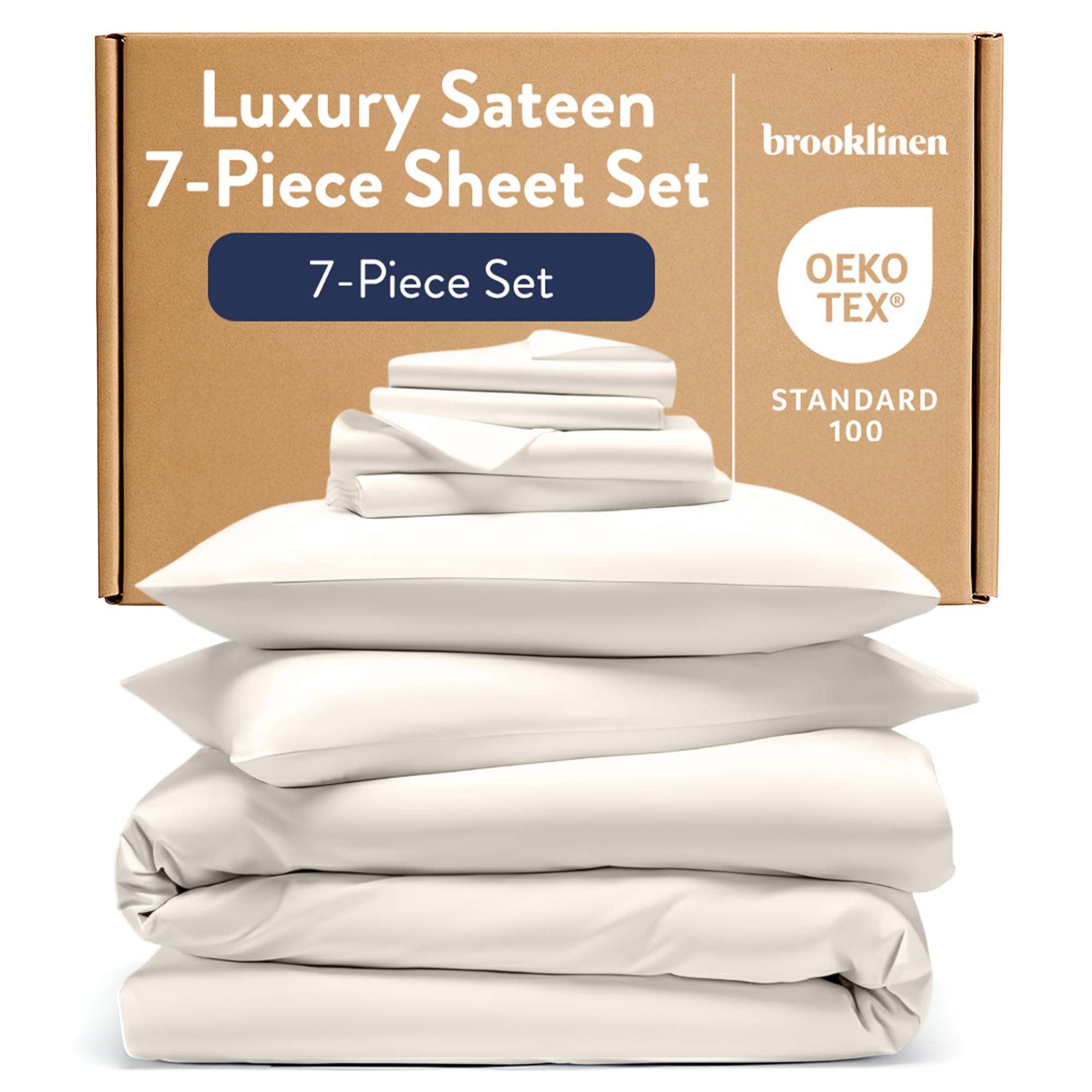 Luxury Sateen Sheet Set - 7 Piece 100% Cotton Bed Sheets - 1 Fitted & 1 Flat Sheet, 4 Pillowcases, 1 Duvet Cover, Soft Sateen Sheets for Ultimate Comfort Queen - Cream