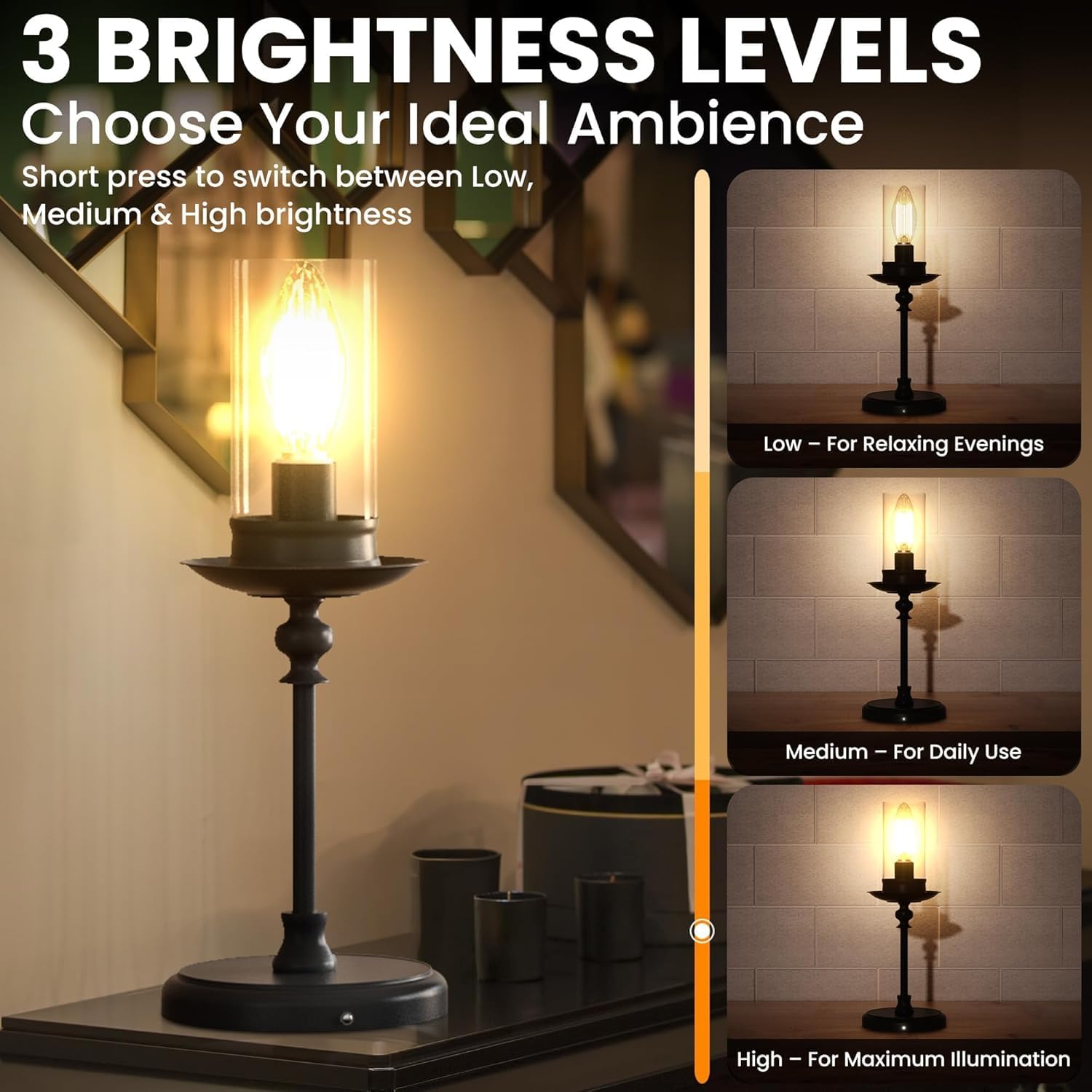 Cordless Table Lamps - Wireless LED Table Light with 3 Color Stepless Dimming by Touch - Chic Indoor and Outdoor Candle Lamp with Candle Design for Home, Restaurant and More (2-Black)