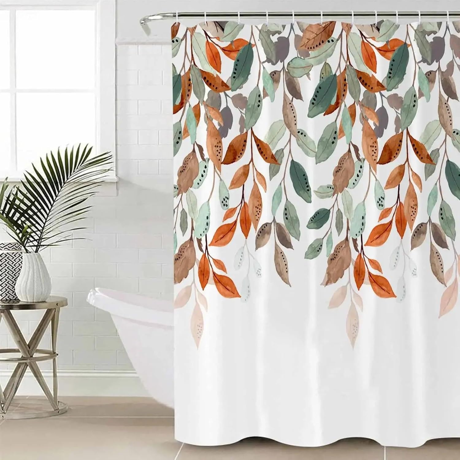 Fall Leaves Shower Curtain with Hook 79x85in（200x215cm） Botanical Rural Pastoral Style Orange Green Plant Waterproof Bath Curtains for Bathroom Showers Bathtubs Hotel Home Decor Modern