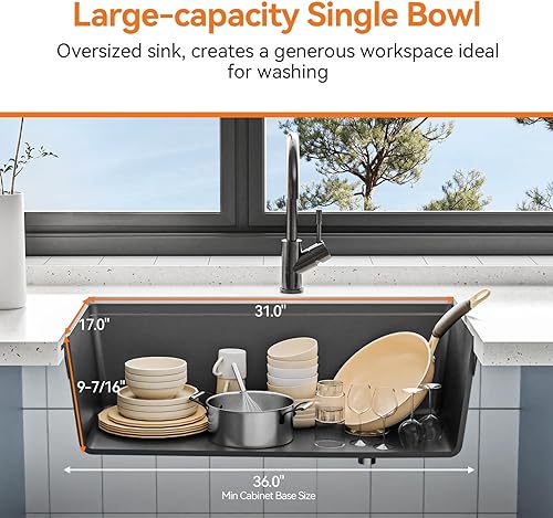 Miniatura 3 de Fregadero de cocina de granito de 33 pulgadas, fregadero de cocina compuesto de un solo tazón con estación de trabajo y accesorios, color negro (33