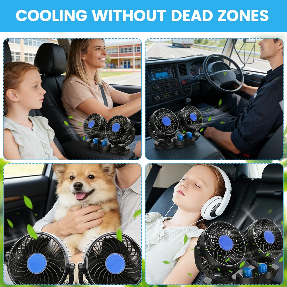 Ventilatore per auto, 12 V, doppia testa, portatile, rotazione a 360 gradi, silenzioso, a 2 velocità, per SUV, camper, barca, camper, ATV