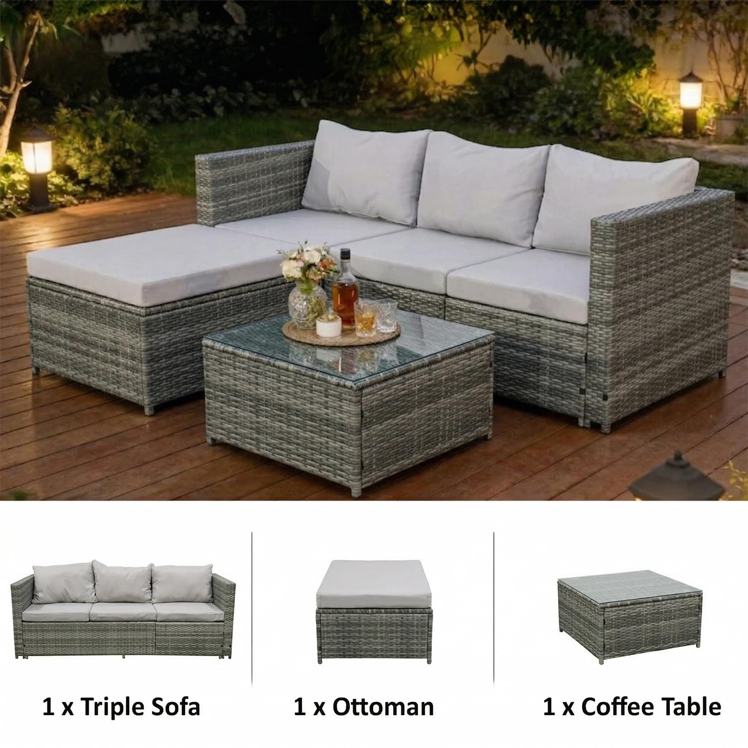 COZYBRITE Garden Corner Sofa Rattan Furniture Set 4 Seater Patio Outdoor Lounge Settee with Glass Coffee Table All-weather SFS066 (Mix Grey Rattan+Grey Cushion) — view 4