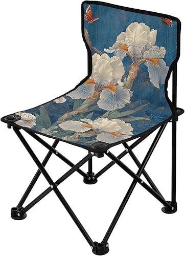 Chinese Style White Iris Butterflies Backpack Beach Chairs for Adults Ultralight Portable Folding Chair with Carrying Bag Portable Chair for Waiting