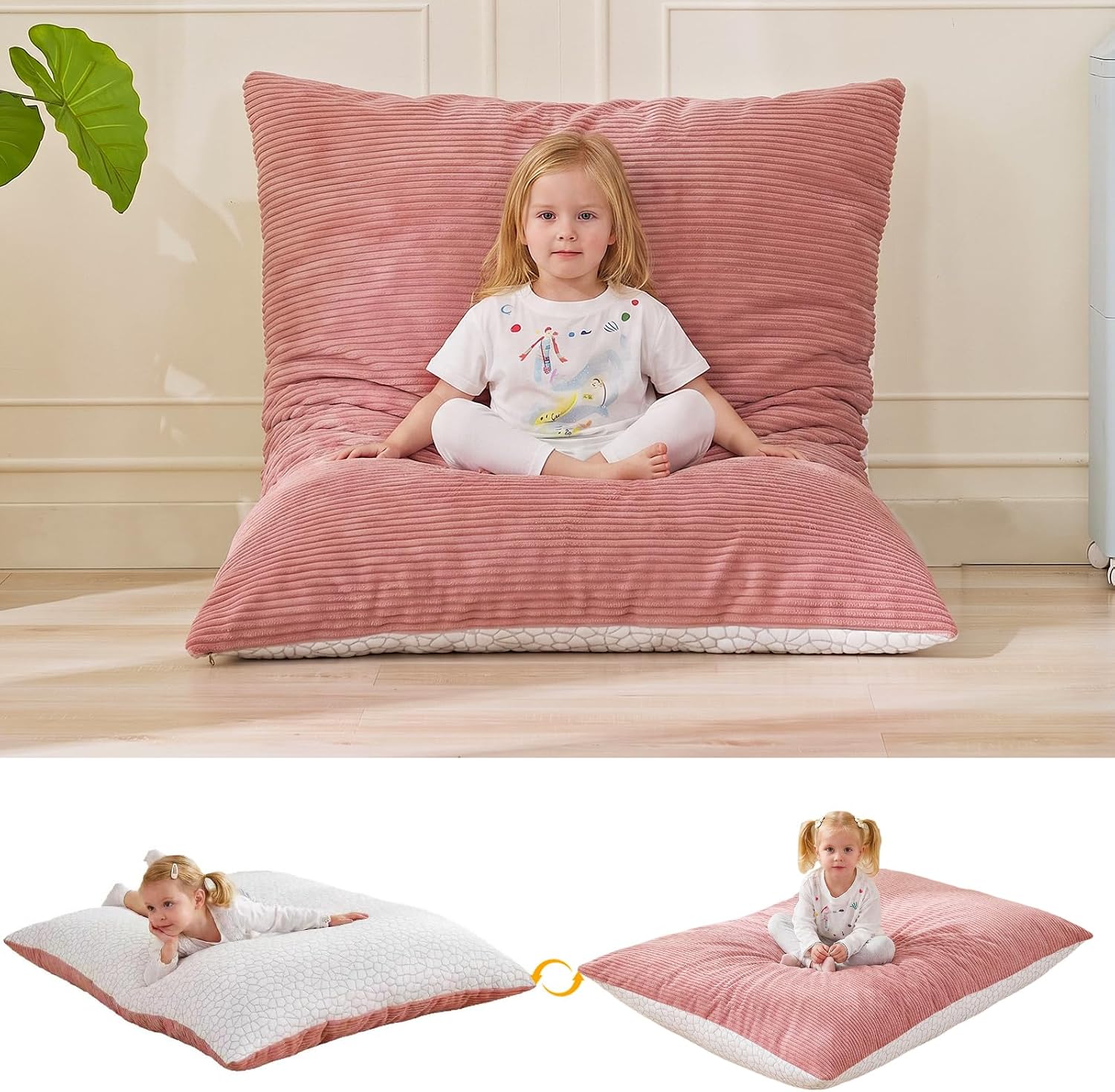 3 in 1 Kids Bean Bag Chair Couch,Convertible Chair from Bean Bag to Lounger, Reversible Warm & Cool Kids Couch, Floor Sofa for Playing, Reading (Pink)