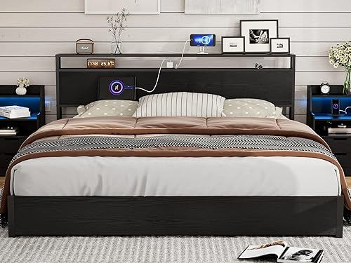 Miniatura 3 de IKIFLY Cama de almacenamiento elevable tamaño King marco de cama de plataforma de metal King con cabecera de estante de almacenamiento de 2 niveles