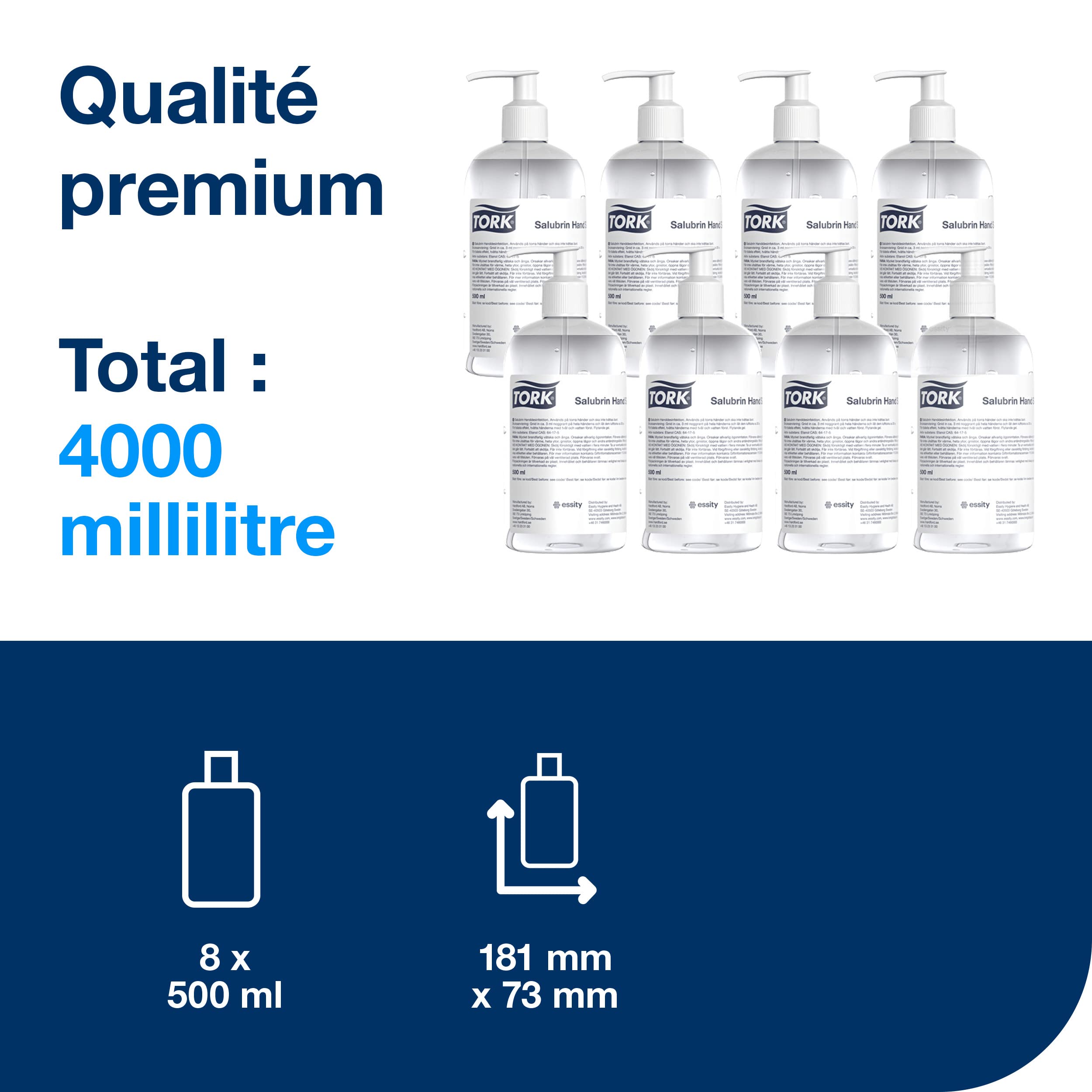 Tork Salubrin Gel Désinfectant pour les Mains Hydratant Flacon Pompe, en 1500 et en 14476, 8 × 500 ml, 911103