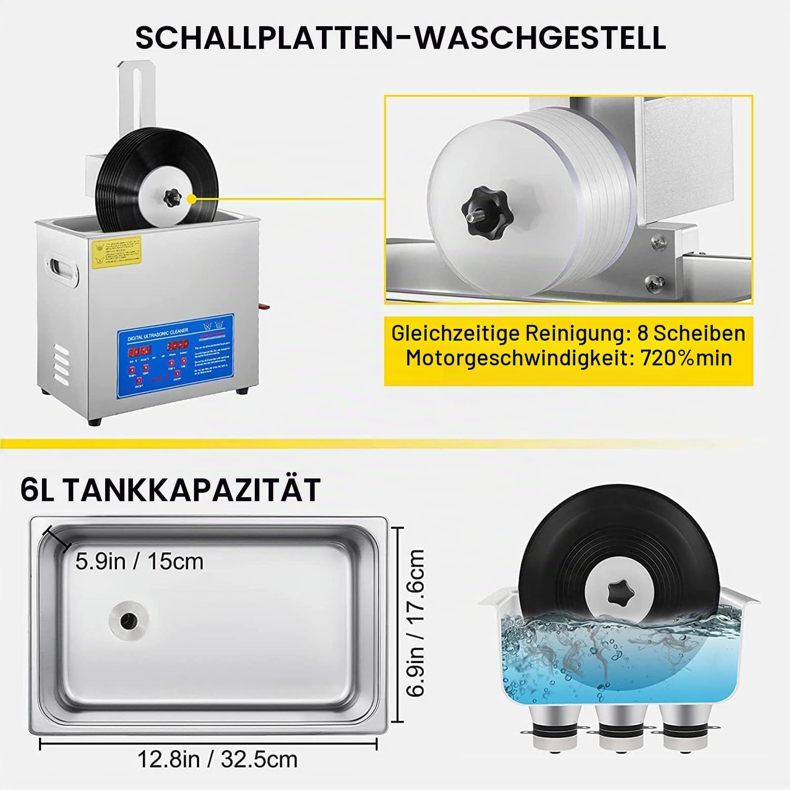 Ultraschall-Schallplattenreiniger,reinigt 8 Schallplatten auf einmal, automatisch rotierende doppelseitige LP-Reinigung,0-30-Minuten-Timing,Schallplatten-Reinigungssystem zur professionellen Reinigung