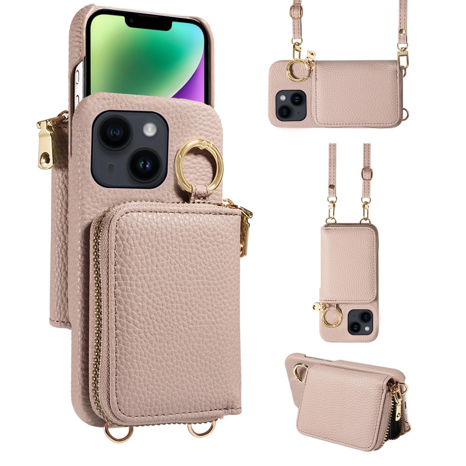 Furiet Wallet Case for iPhone 13 Mini 5.4 inch with Shoulder Strap Ring Buckle Zipper Flip Organ Purse, Credit Card Holder Stand Phone Cover for