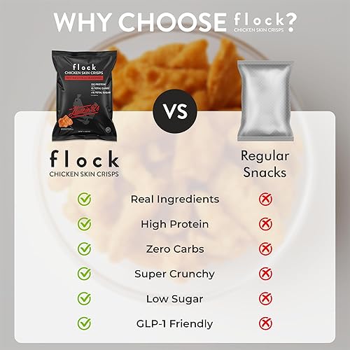 Vista 16 de Chips Flock keto de piel de pollo, 100% pollo real, bajo en carbohidratos, alto contenido en proteínas, sin azúcar, sin gluten, porción individual