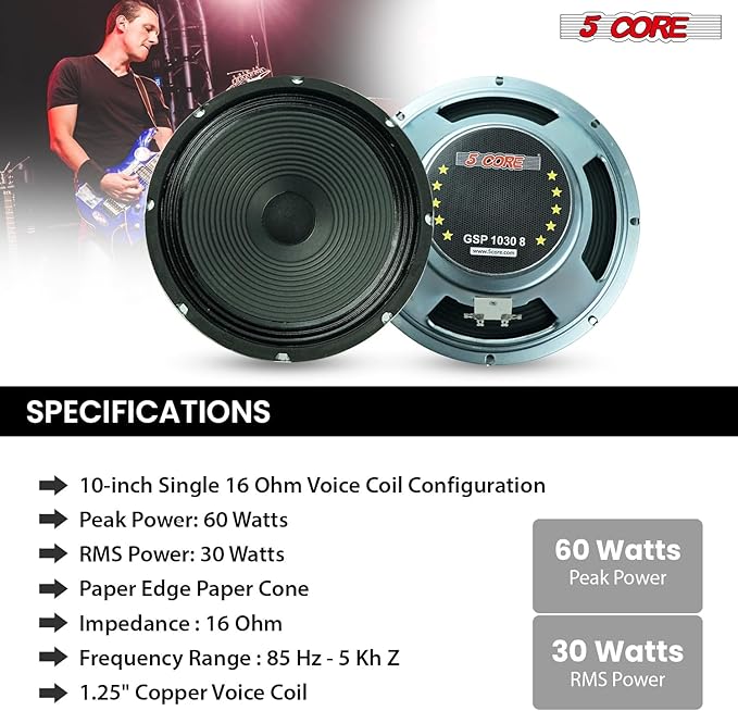 Parlante para Guitarra 5 CORE 10 Pulgadas 16 Ohm 60W Altavoz Reemplazo miniatura 5