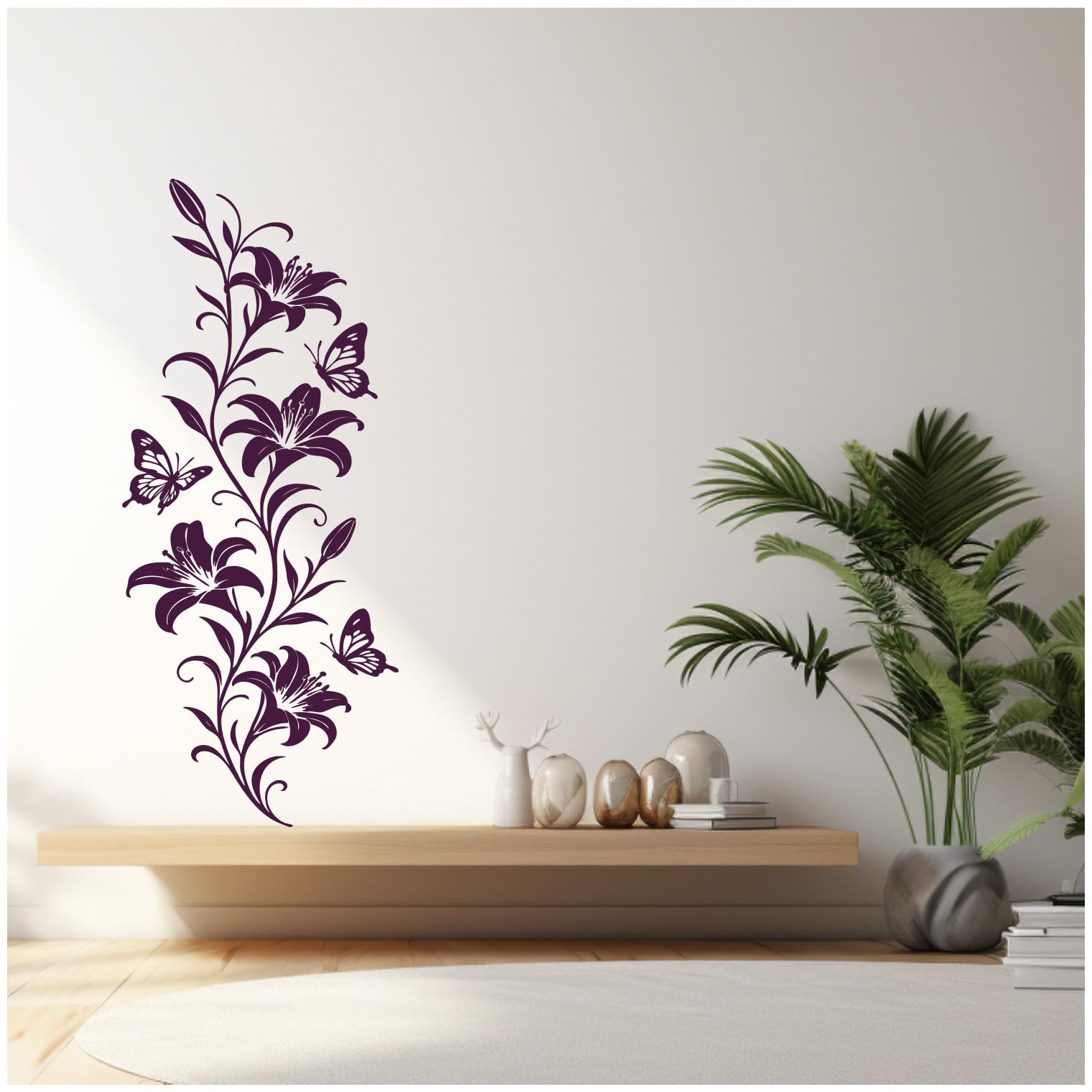 Samunshi® Wandtattoo Lilien Blumenranke mit Schmetterlingen Elegante Blumen Wanddekoration Florales Wandmotiv für Wohnzimmer, Schlafzimmer, Flur und Küche grau 57 x 150cm