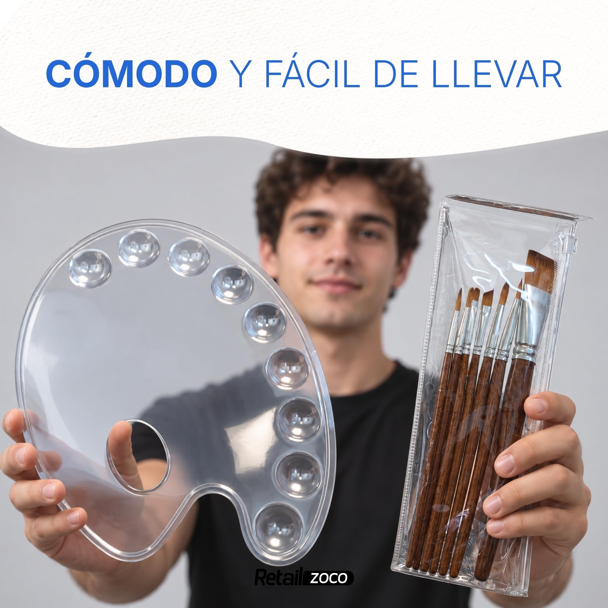 10 Paletas desechables para Pintura con 7 Pinceles de fibra sintética - imagen 4