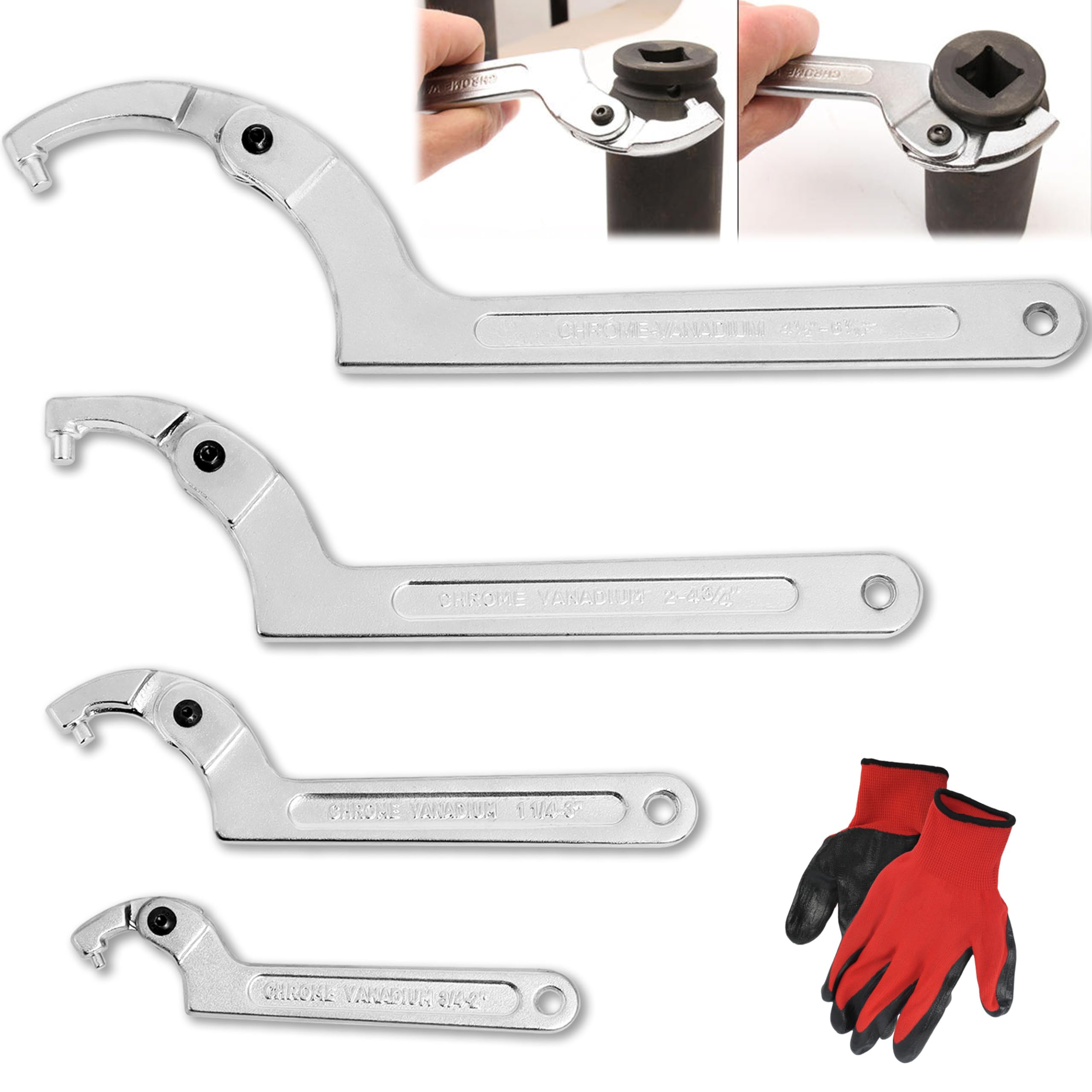 Wadoy Adjustable C Pin Spanner Hook Wrench for Hydraulic Ram Cylinder, Mechanical Machine, Equipments Vehicles, (4 Pcs) 3/4-2", 1 1/4-3", 2-4 3/4", 4