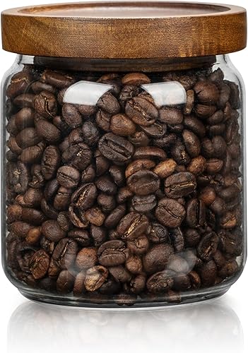 1 tarro de almacenamiento de vidrio pequeño con tapas herméticas, recipiente de café de 17 onzas líquidas (16.9 fl oz) con tapa de madera,