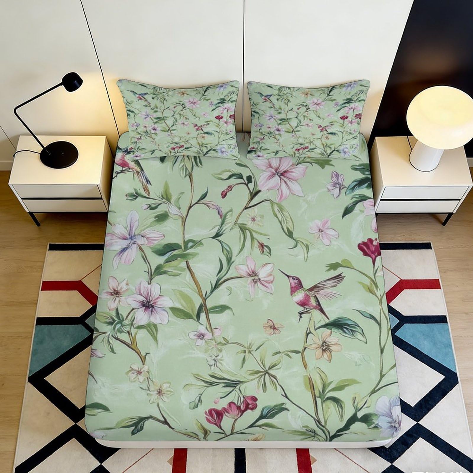 3D Printed Botanical Flower Fitted Sheet Microfiber Deep Pocket Non-Slip Bedroom Bedding Green Plant Mattress Fitted Cover for Adults Teens 200x200x25cm
