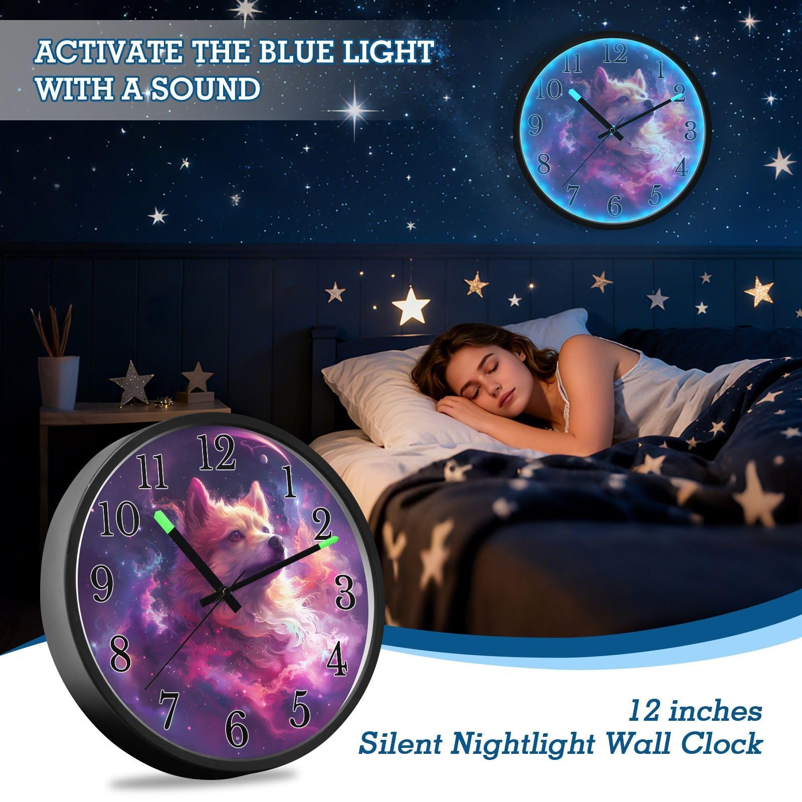Mnsruu Reloj de pared luminoso cósmico Doge Galaxy, reloj de dormitorio, funciona con pilas, reloj silencioso que brilla en la oscuridad, para sala de estar, cocina, 30,5 cm