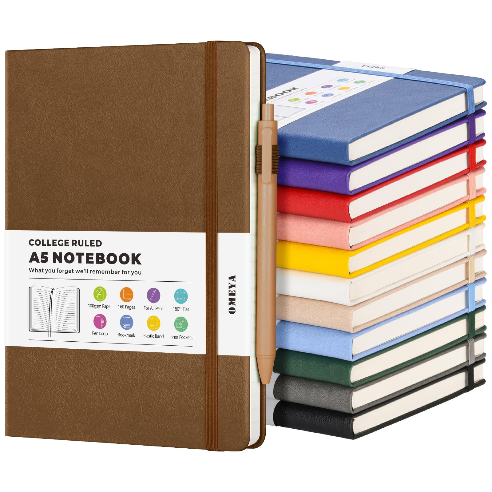 12 Pack Journal Notebooks for Work with 12 Pens, A5 Hardcover Notebook, Business Notebooks Bulk, College Ruled Notebook for Men, Leather Journal for Writing, 160 Pages, 100GSM Thick Paper (5.7" x 8.3