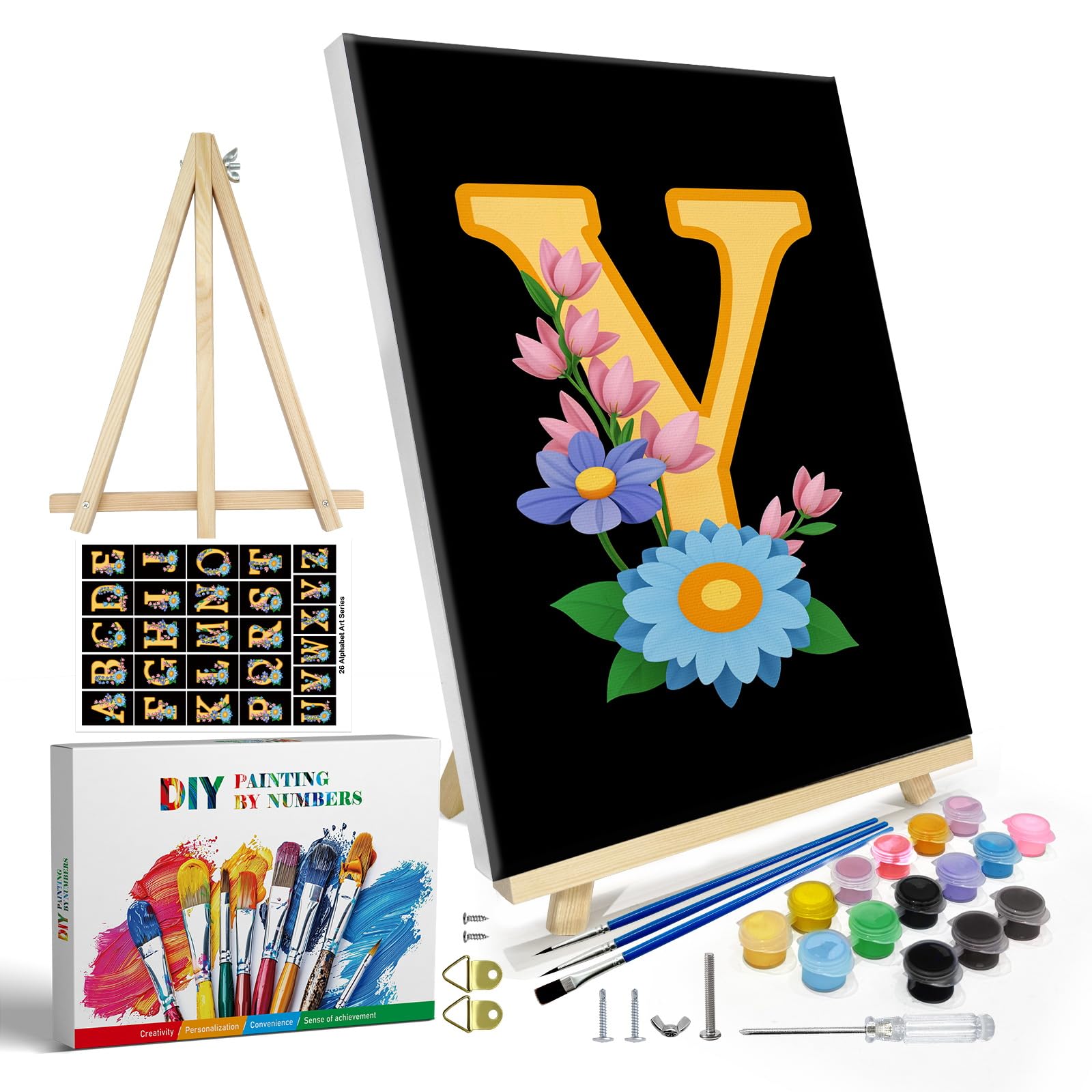 JOOZ Letters Paint by Numbers Kit for Adults with Frame, Paint by Number for Beginners with Easel, DIY Letters Flowers Easy Paint by Number Kits Framed Canvas for Home Wall Decor 8 x 12 Inch, Y