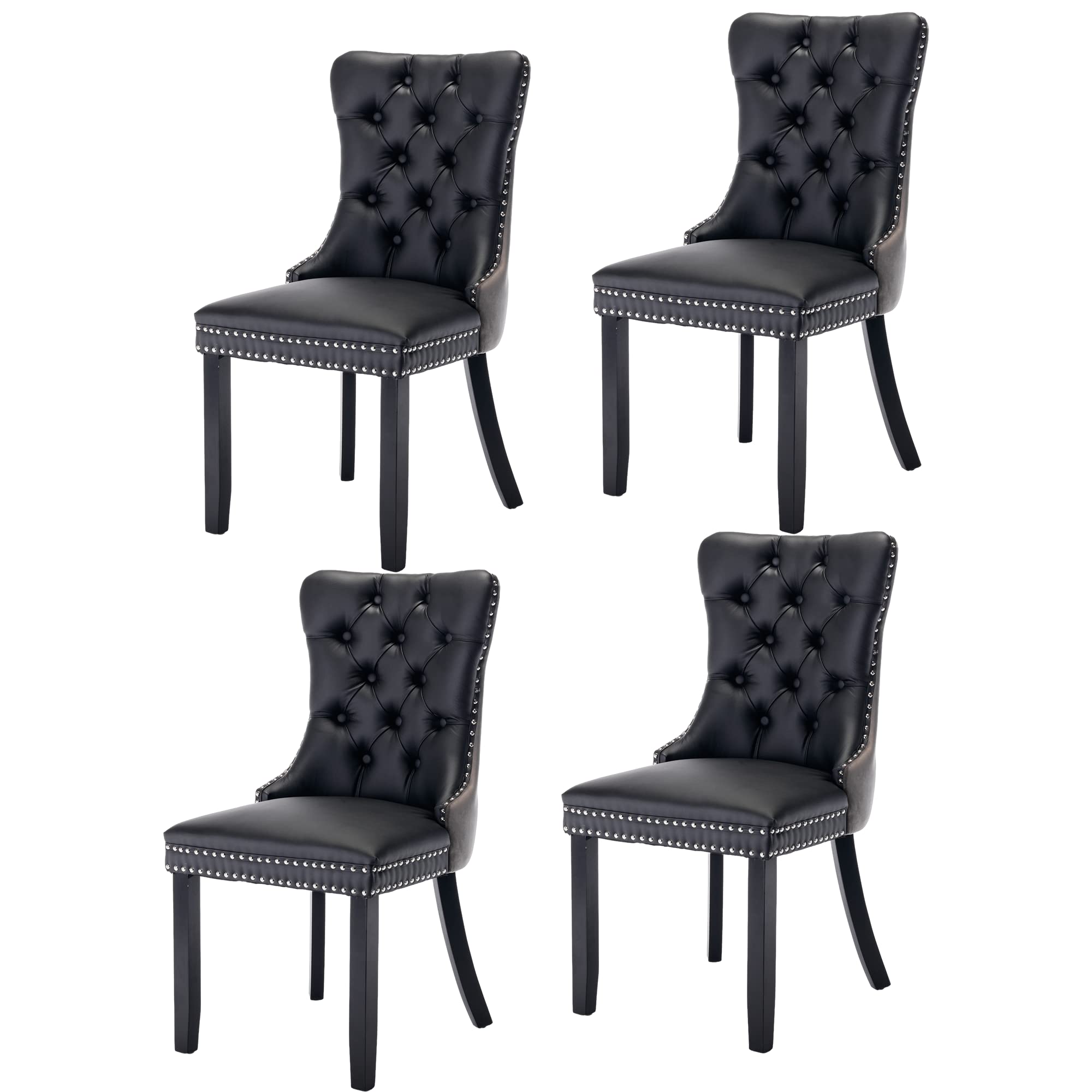 Rhomtree Set of 4 Dining Chairs Modern for Living Room Kitchen Accent Side Chair Solid Wood Legs PU Leather Padded Cushion Seat and Velvet Back (Black