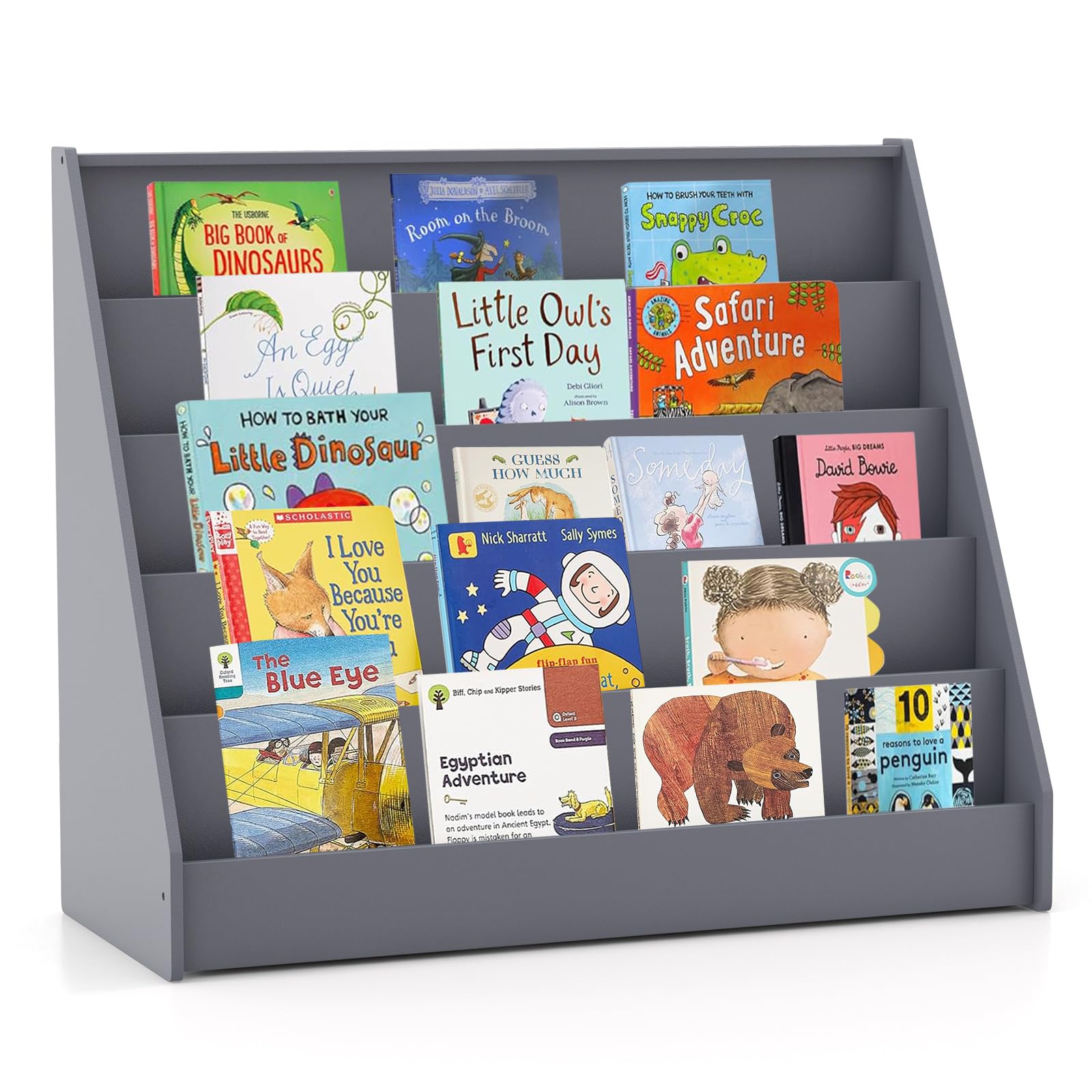 COSTWAY Wooden Kids Bookshelf, 5 Tier Children Bookcase with Deep Compartments, Back Storage Space, Front-Facing Books Display Rack for Playroom, Daycare, Kid’ Room (Grey)
