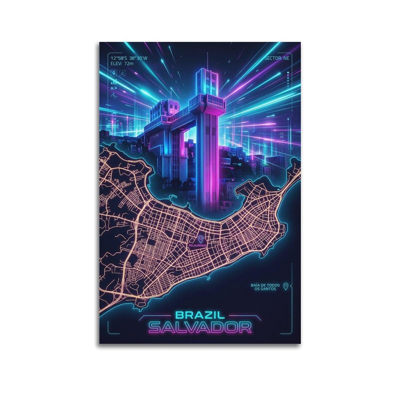 OKAHYS Salvador Brazil Neon City Synthwave Map Poster Modern Decorative Canvas Prints - Ideal Wall Art for Family, Man Cave, Game Room, Boys & Girls Bedroom 20x30inch(50x75cm)