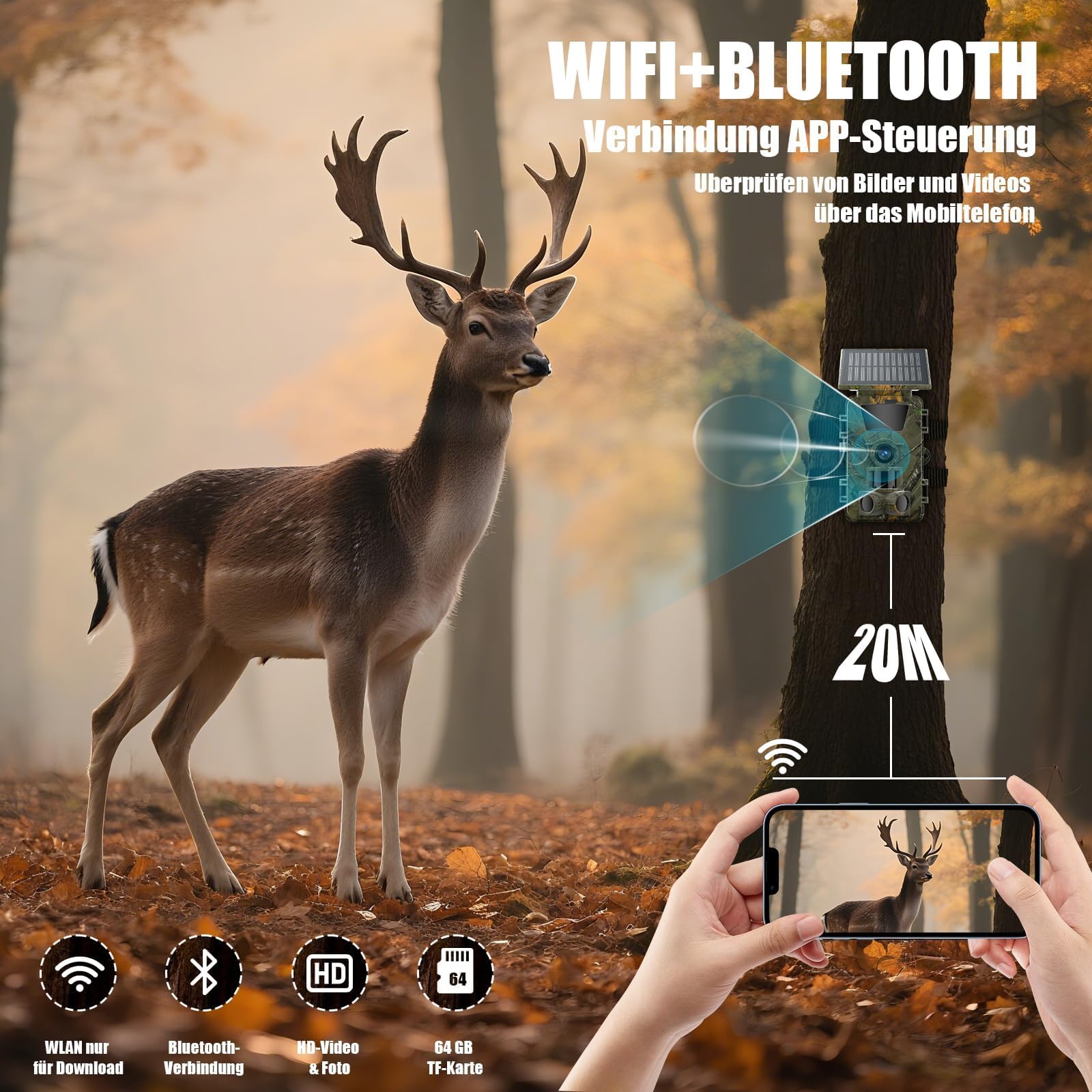 Wildkamera WLAN mit Handyübertragung App,4K 60MP Wildkamera Solar mit Nachtsicht Bewegungsmelder, Wildtierkamera mit 850nm Infrarot-LED,0,1s Auslöser,64GB SD-Karte, IP66 Wasserdicht