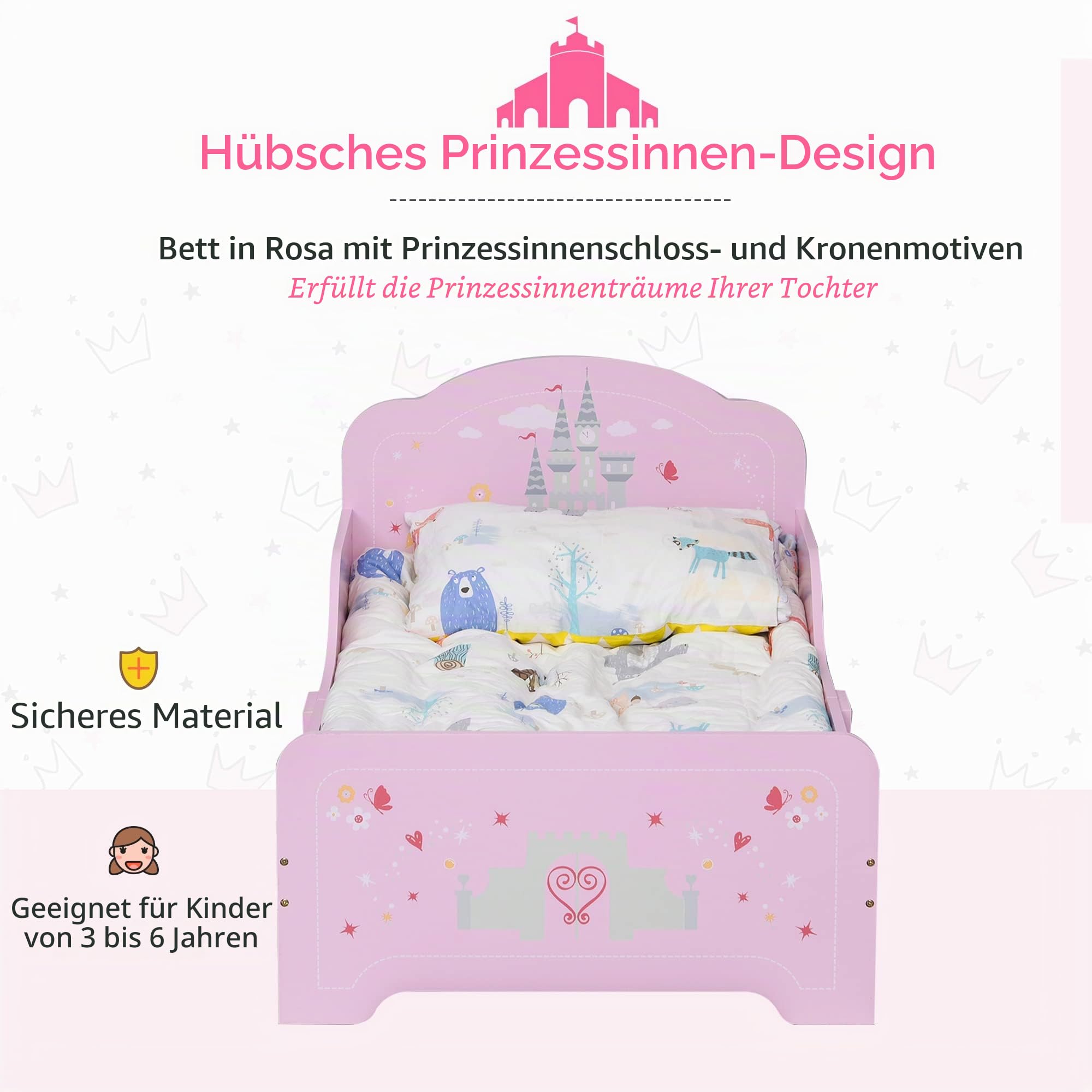HOMCOM Kinderbett - Kinderbett Princess Design Schlossmotiv - Inklusive Lattenrost - MDF Sperrholz Rosa