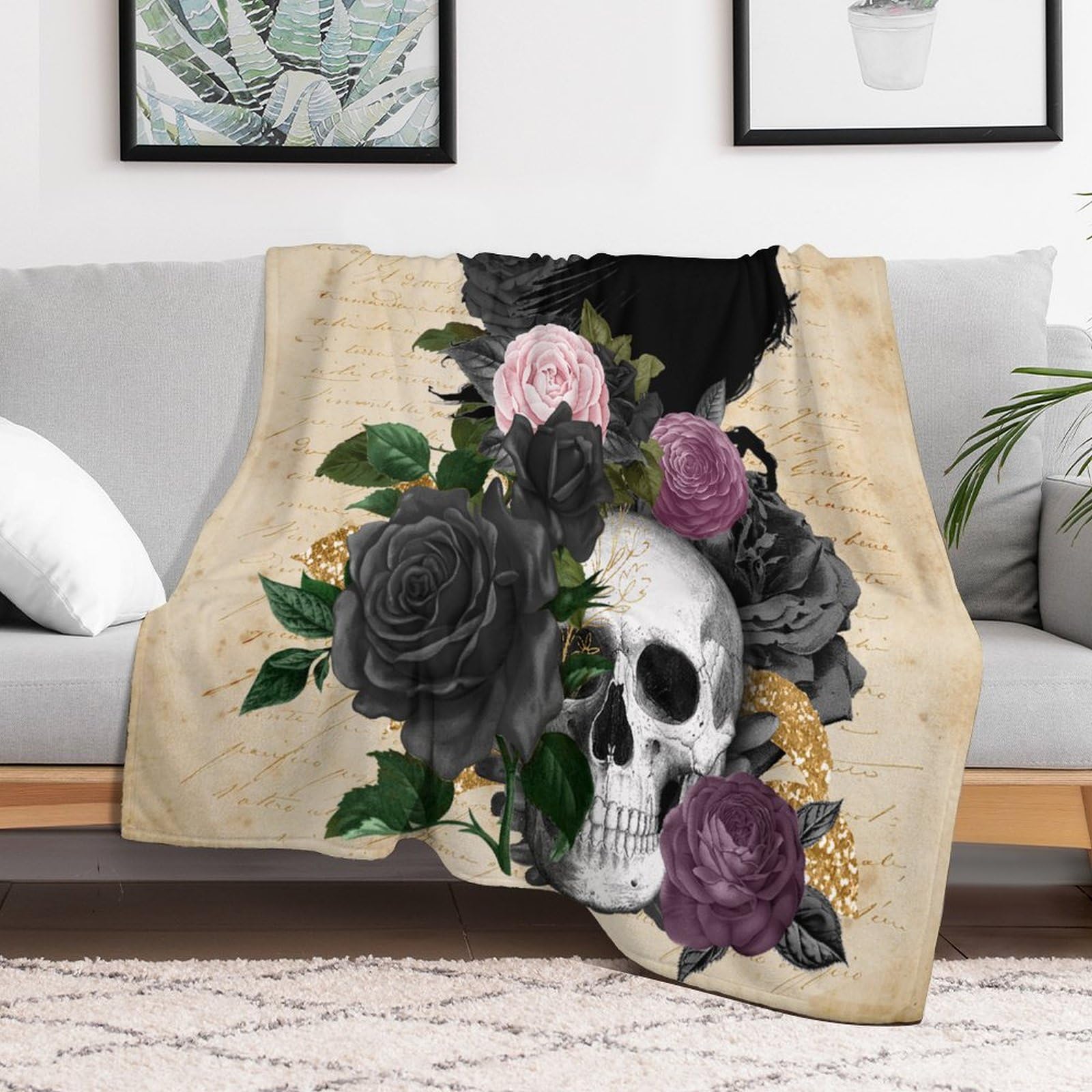 Couverture squelette et corbeau en peluche douce 150x200cm pour lit et canapé