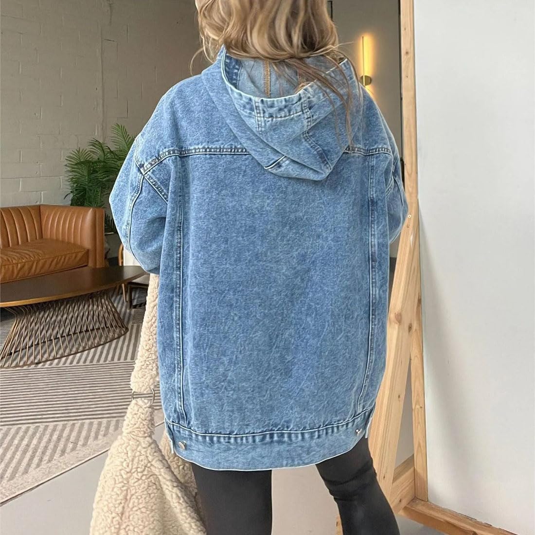 Sudadera Vaquera con Capucha para Mujer, Cuello en V, Oversize, Bolsillos Delanteros, Estilo Casual