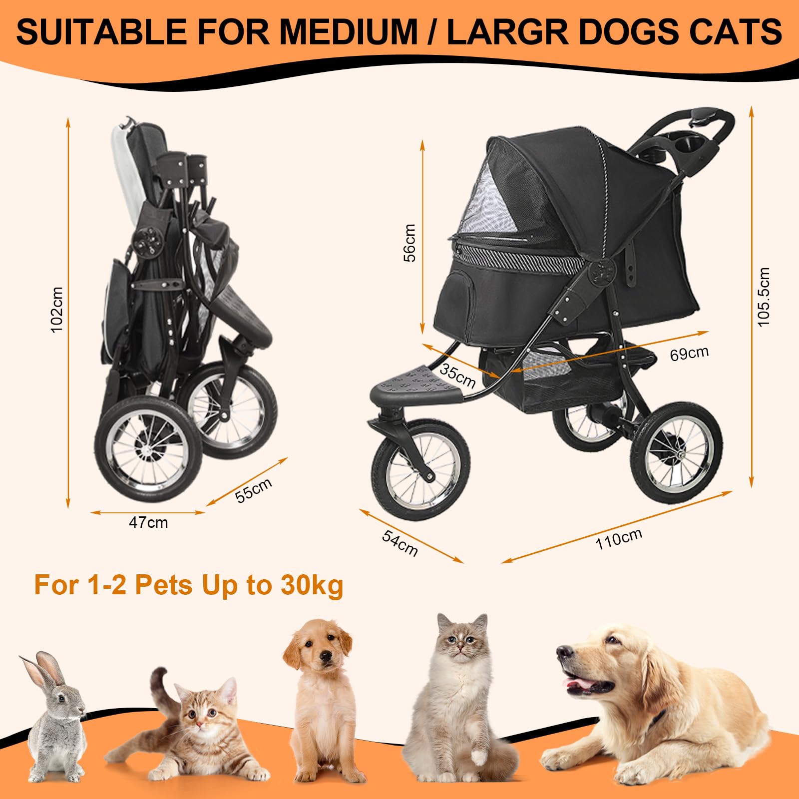 Hundewagen Hundebuggy bis 30kg, Katzenbuggy Faltbar Klappbar für Große und Mittelgroße Hunde Katzen, Haustiere Buggy mit Getränkehalter