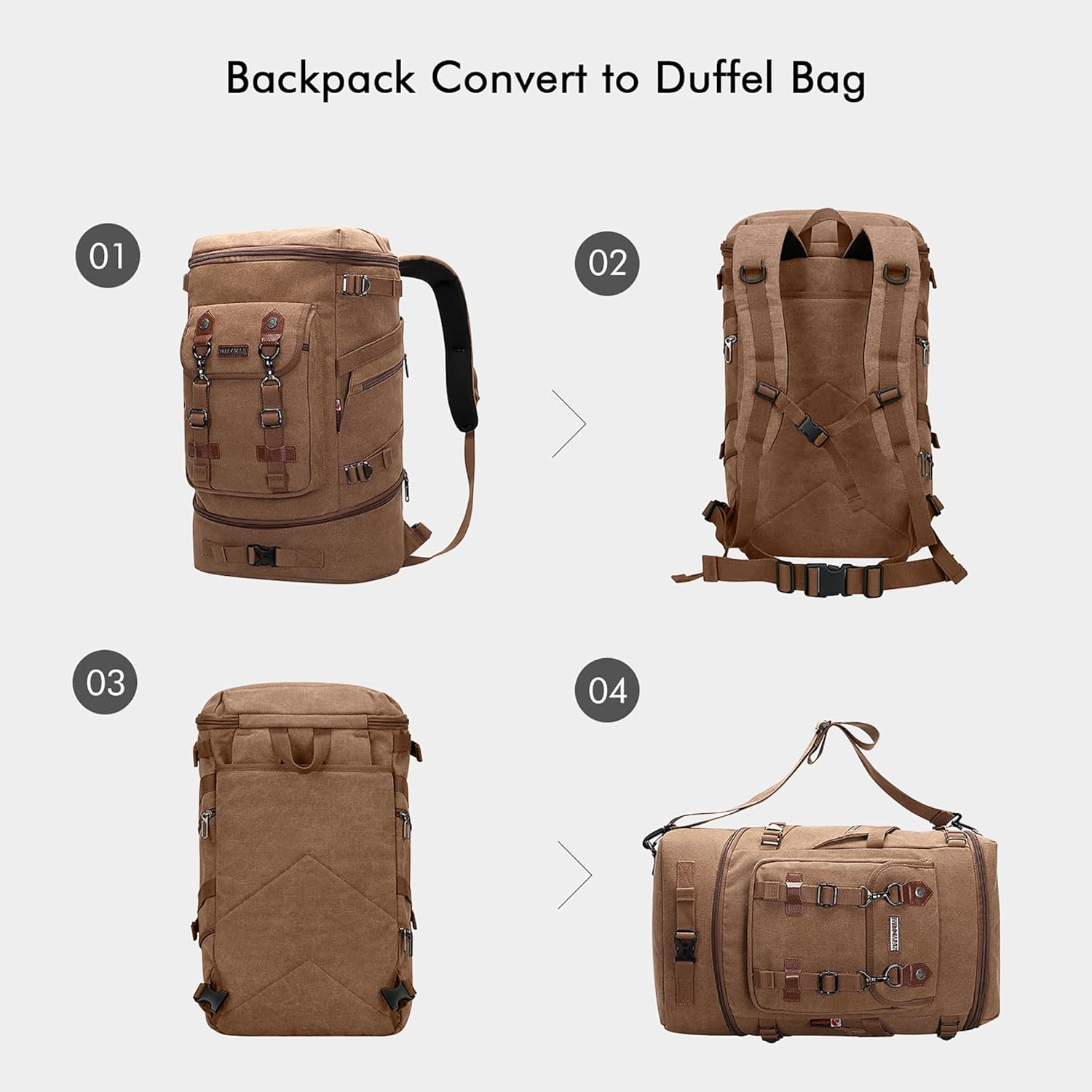 WITZMAN Travel Backpack for Men Women Canvas Backpack Carry on Luggage Rucksack Convertible Duffel Bag Large (A568 Brown) - Image 3